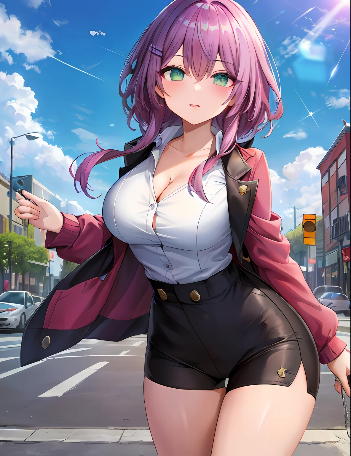 Model shooting style, (masterpiece:1.3), (absurderes:1.3), (top-quality:1.3), (8K), (Masterpiece Digital Art), (Detailed Manga Illustration), (Handle Hair), perfect anatomia, (intricate-detail:1.3), (ultra-detailliert:1.3), (illustratio:1.3), (foco nítido:1.3), (vivd colour:1.3), 1girl in,Virtual Youtuber, Tokoyami Towa,独奏, , Twin-tailed,hair between eye, Girl with purple hair and green eyes.Floating hair, Removed shirt buttons、thighs thighs thighs thighs、Visible cleavage、through、de pele branca、with blush cheeks、Crystal clear white skin、Shining eyes,shinny hair、parka、dressed casually、In the street
