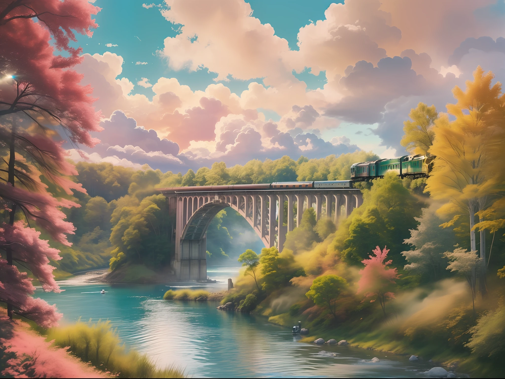 Blue sky and white clouds, a Bridge, forest area, Golden headlight, a train run, passenger train, blue river, pink and green trees, sunshine, city.