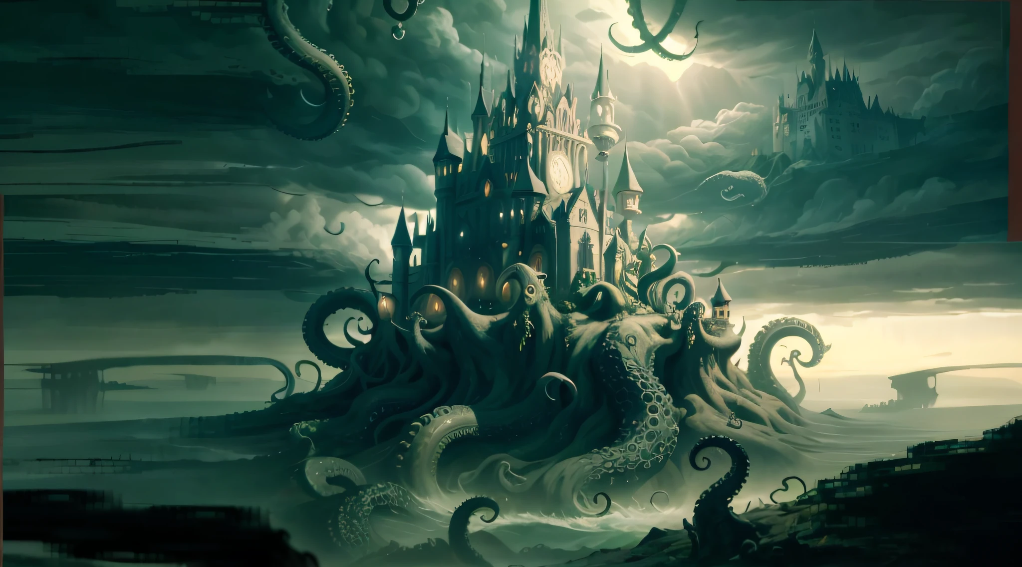 There is an image of a castle with octopus tentacles in the water, paisagem lovecraftiana, fundo lovecraftiano, detailed cinematic render, 8 k cg render, obra de arte, Alta qualidade, Inspirado em Lovecraft, inspirado em H.P. Lovecraft, foto de cthulhu, lovecraftian inspiration, Lula de Cthulhu, lovecraft illustration, atmosfera lovecraftiana, Onde os horrores lovecraftianos vagam, lovecraft horror, arte lovecraft, leviathan cthulhu squid
