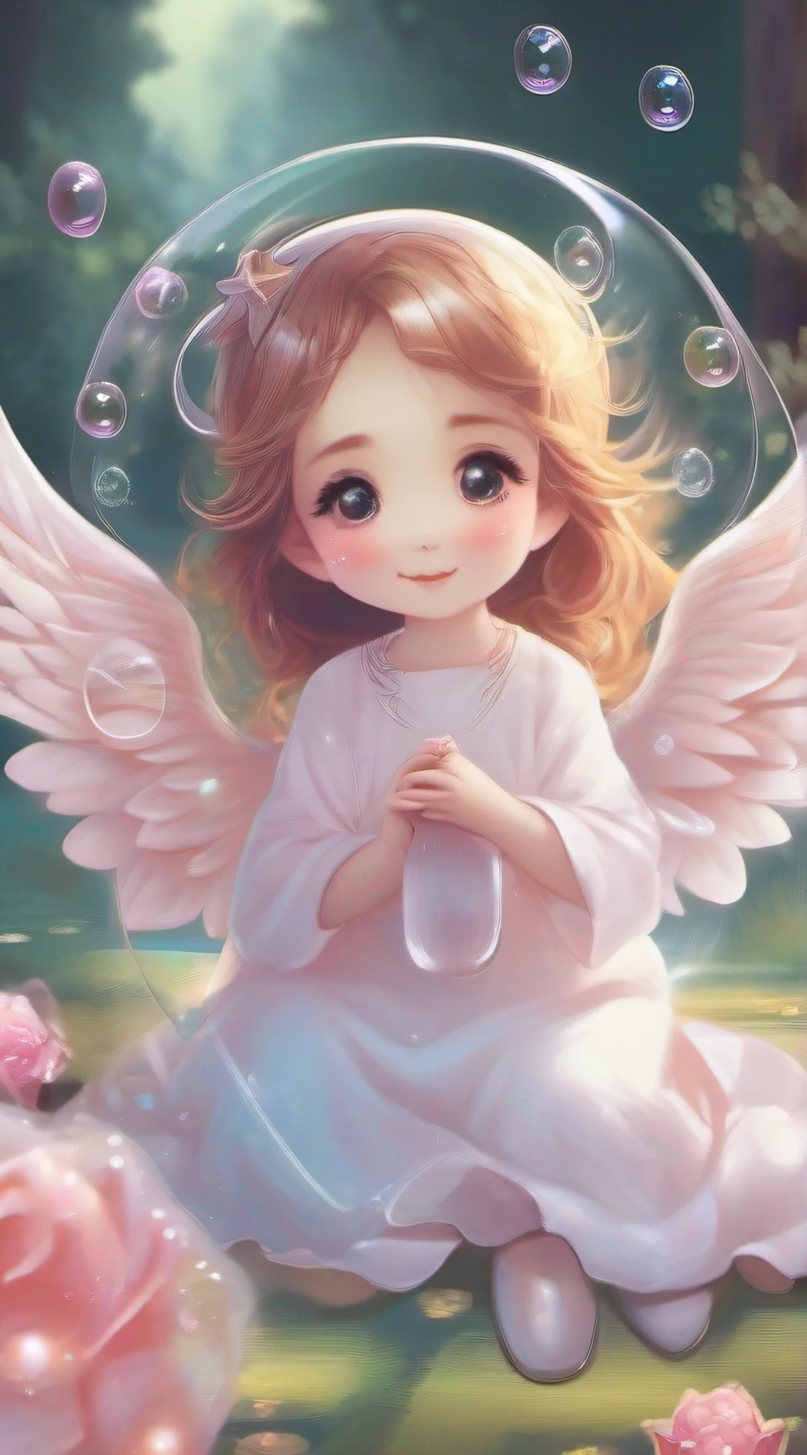 Cute Angel、Cute smile、Rosa、shimmer、beautidful eyes、stele、Happy smile、delight、A delightful、optic、shimmer、glad、kawaii art、Soap bubbles of light