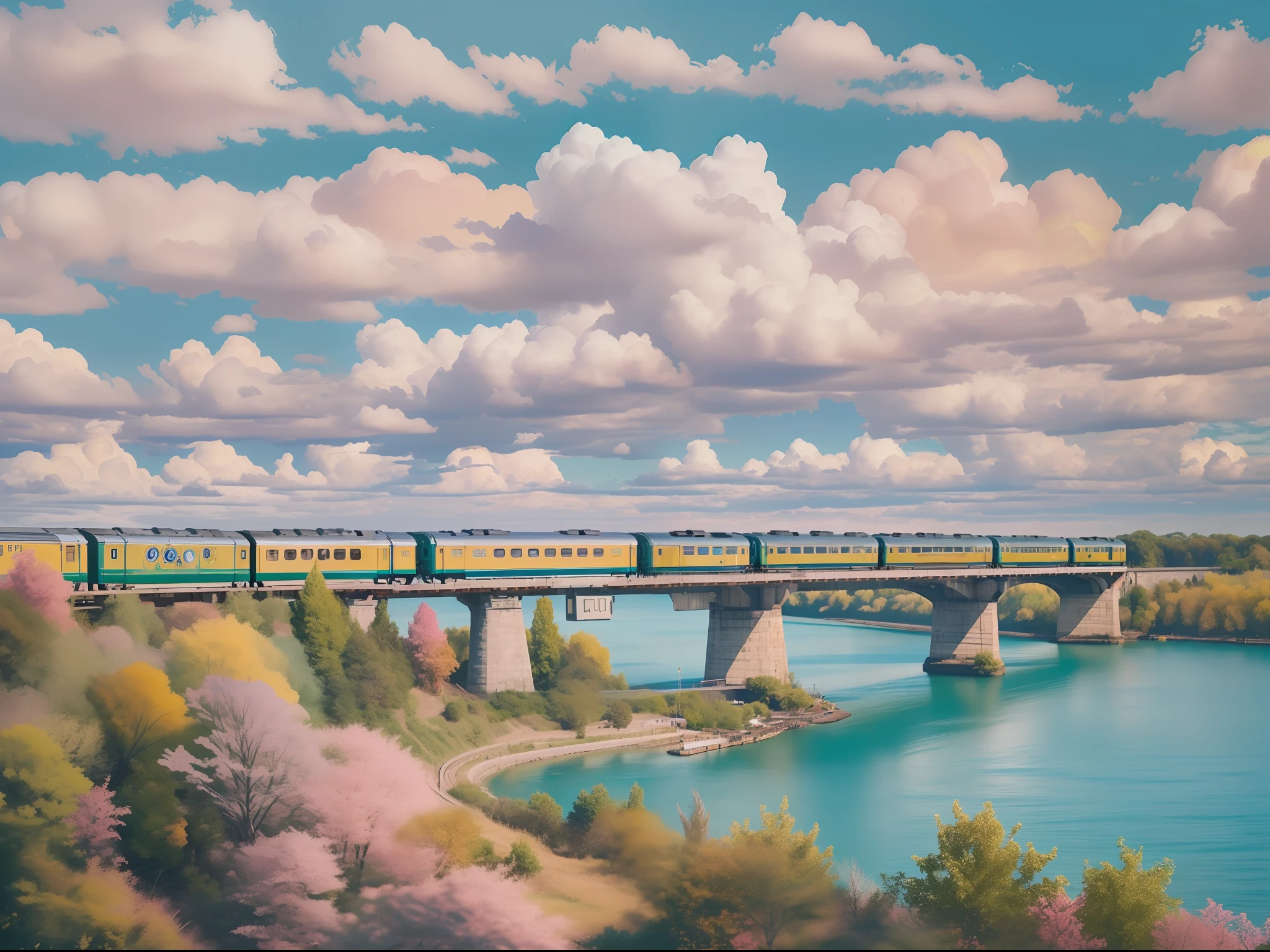 Blue sky and white clouds, Golden headlight, a train run, passenger train, blue river, pink and green trees, sunshine, city.