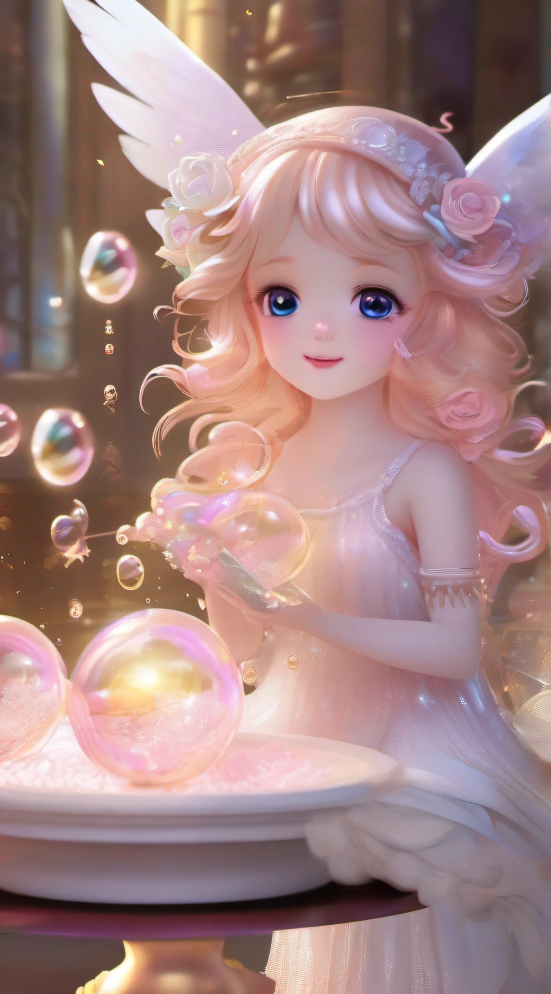 Cute Angel、Cute smile、Rosa、shimmer、beautidful eyes、stele、Happy smile、delight、A delightful、optic、shimmer、glad、kawaii art、Soap bubbles of light