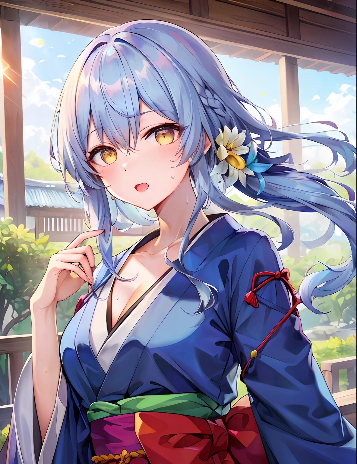 Model shooting style, (masterpiece:1.3), (absurderes:1.3), (top-quality:1.3), (8K), (Masterpiece Digital Art), (Detailed Manga Illustration), (Handle Hair), perfect anatomia, (intricate-detail:1.3), (ultra-detailliert:1.3), (illustratio:1.3), (foco nítido:1.3), (vivd colour:1.3), 1girl in, 独奏, (poneyTail), hair between eye, (Light blue hair), Yellow eyes, Floating hair, Visible cleavage、through、droolng,perspiring、de pele branca、with blush cheeks、Crystal clear white skin、Shining eyes,Drooping sweat、shinny hair、Schools、Kimono、Uneasy clothing、ryokan