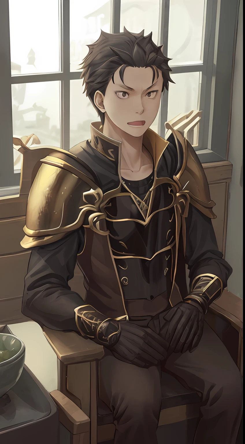 (1 Adult male),A high resolution, Sharp focus, Pixiv masterpiece, ((Complicated details)), highly detailed, natsuki_subaru, 1 man, with her mouth open,drools,full bodyesbian, Golden eyes(eyes glowing), with short black hair,Armour,cloaks,Shoulder armor,perspire,look from down
