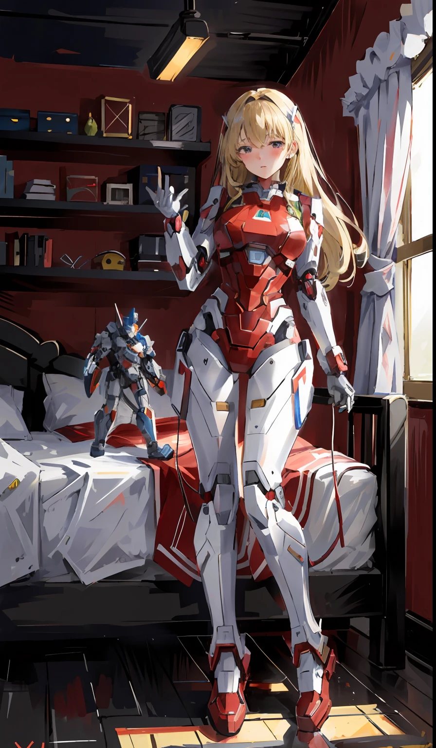 （（best qualtiy））， （（tmasterpiece））， （（Realistis））， （A detailed）， （realisticlying：1.5）,Bird Chart，Panorama Figures，fully body photo，2 girls in Iron Man battle suits，2 beautiful female versions of Iron Man fall asleep，Sleeping girl，dynamicposes，tempting pose，Seductive eyes，perfect body figure，Raised sexy，Jade foot ，beautifullegs，long leges，Model figure，White slim tights，The Iron Man logo on the chest，cabellos largos dorados，adolable,Beautiful woman detailed Iron Man silhouette body with Superman roleplay，very Bigger breasts,The body is plugged in with a wire in the charge，The bed is covered with mechanical parts，Thick power cords wrapped around the body，Repair and maintenance are the same，Huge shoes，There is a robot toy next to it，Mecha elements，High-tech equipment weapons，Robot mech toys，