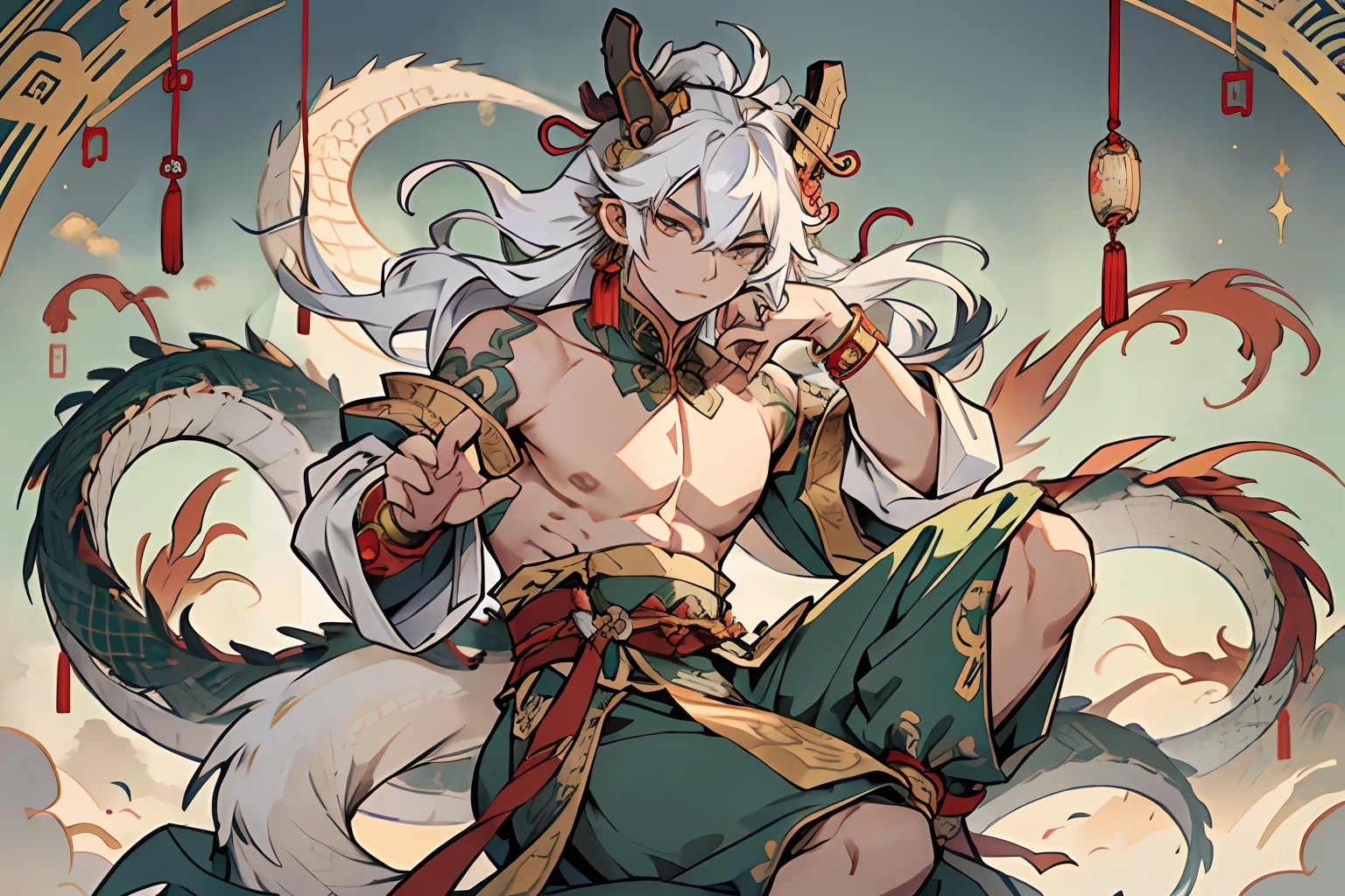best quality, 4K, solo, (anime: 1.2), (big nipple: 1.2), (male: 1.5), (juvenile: 1.2), a Chinese dragon horn on the head, earrings on the ears, bracelets on the wrists, (metal ankle rings on the ankles: 0.8), ancient Chinese style, (upper body: 0.3), (bare shoulder: 0.8), long hair, (fair skin: 1.5), dance moves