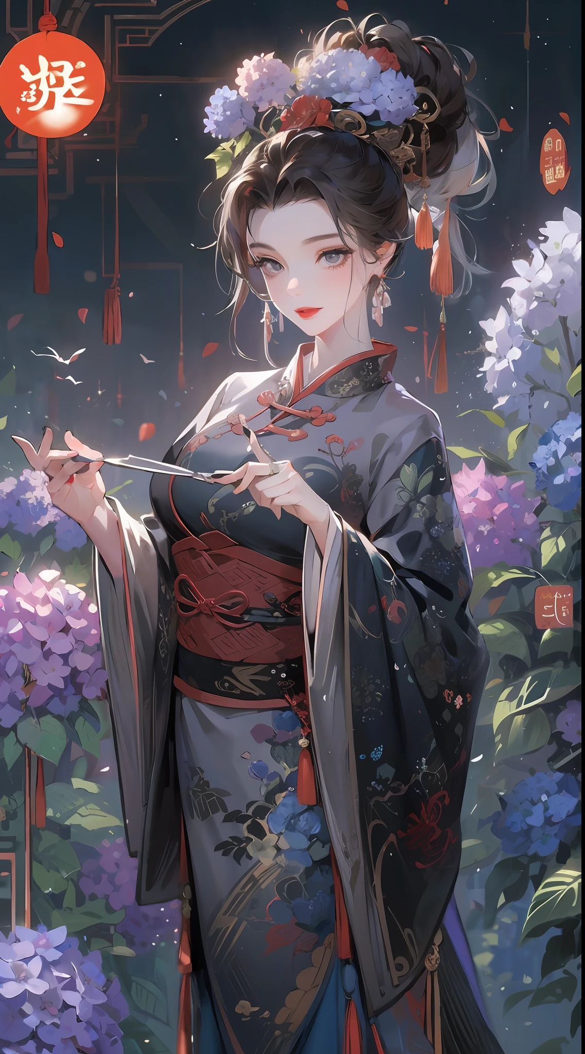 Masterpiece, Superb Product, Night, Full Moon, 1 Woman, Mature Woman, Chinese Style, Antique Chinese, Sister, Royal Sister, Smile, Brunette Hair, Updo, Red Lips, Calm, Intellectual, Hairpin, Hair Flower, Detailed Facial Details, Detailed Eyes, Full Body, Gray Eyes, Long Hair, Hydrangeas