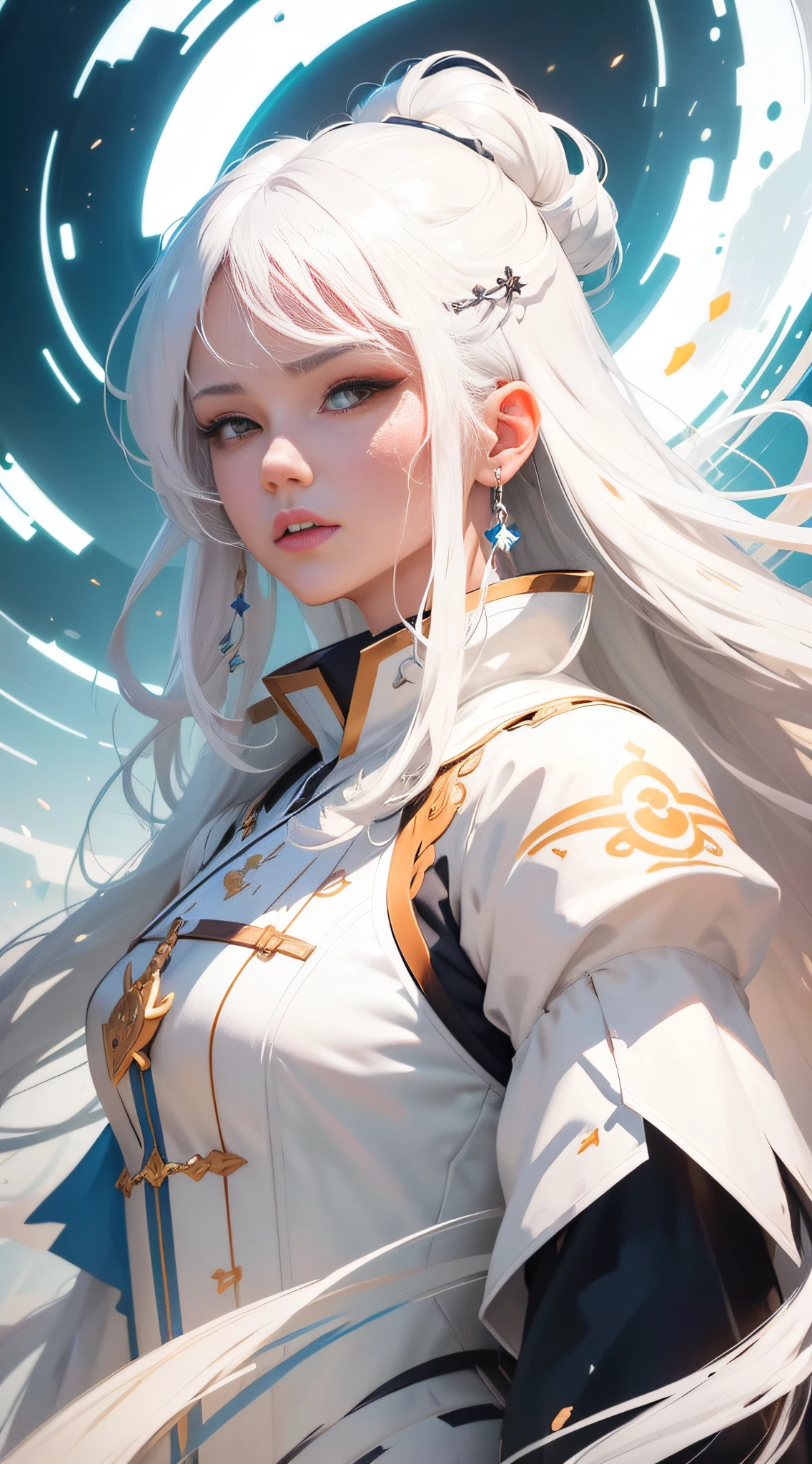 Close-up of a woman with white hair and a white mask,Belle peinture de personnage,Guviz,Guviz-style artwork,white-haired god,Yang J,Epic and beautiful character art,Stunning character art,FAN Qi,Wu Zhun Shifan,Guvitz at the Pixiv Art Station,dynamic action,dyna,(low angle shot:1.2)