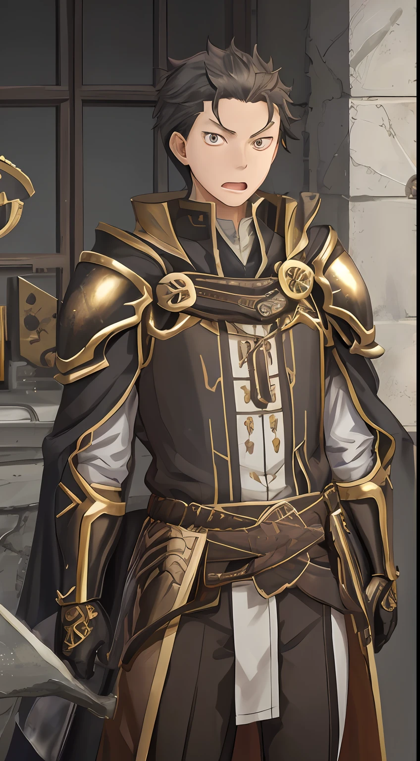 (1 Adult male),A high resolution, Sharp focus, Pixiv masterpiece, ((Complicated details)), highly detailed, natsuki_subaru, 1 man, with her mouth open,drools,full bodyesbian, Golden eyes(eyes glowing), with short black hair,Armour,cloaks,Shoulder armor,perspire,look from down