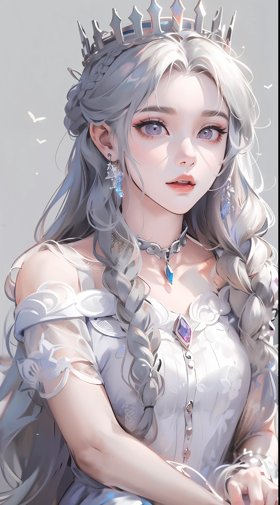 Best quality, highly detailed, masterpiece, ultra detailed, (reality: 1.2), 1 girl, (white background), simple background, delicate eyes, silver hair, purple eyes, hair_ornament, (white off-the-shoulder shirt: 1.3), long hair, pointy_ears, crown_braid, expressionless, straight hair, (++ sitting: 1.2), room,