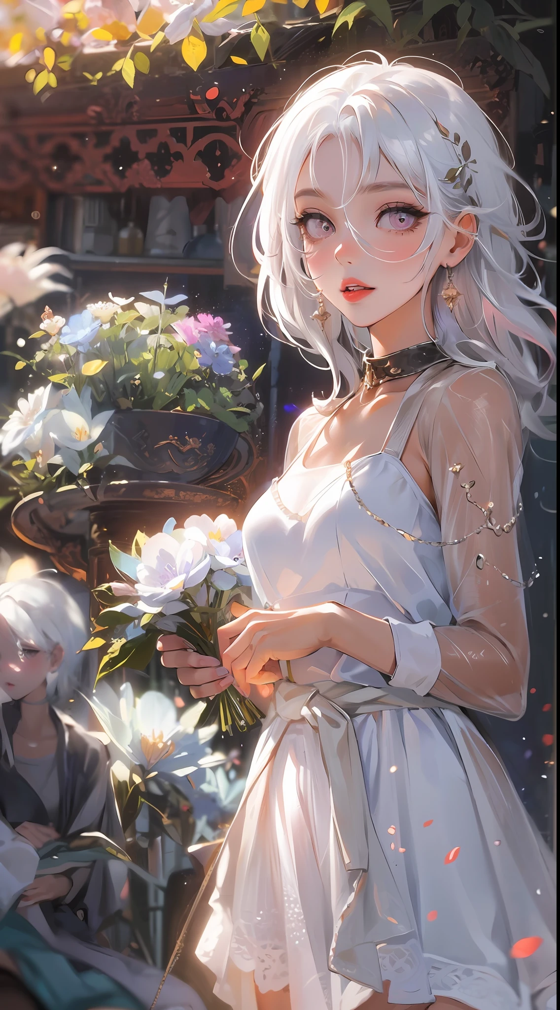 Realistic, 1girl, white hair, purple eyes, glowing eyes, cropped top, skirt, parted lips, blush, night, flowers, sun, sunlight, white skirt, short skirt, medium length hair, real, warm colors, white short Dress, white clothes, light background color, day environment, bright color background, saudi, ocean, cute,