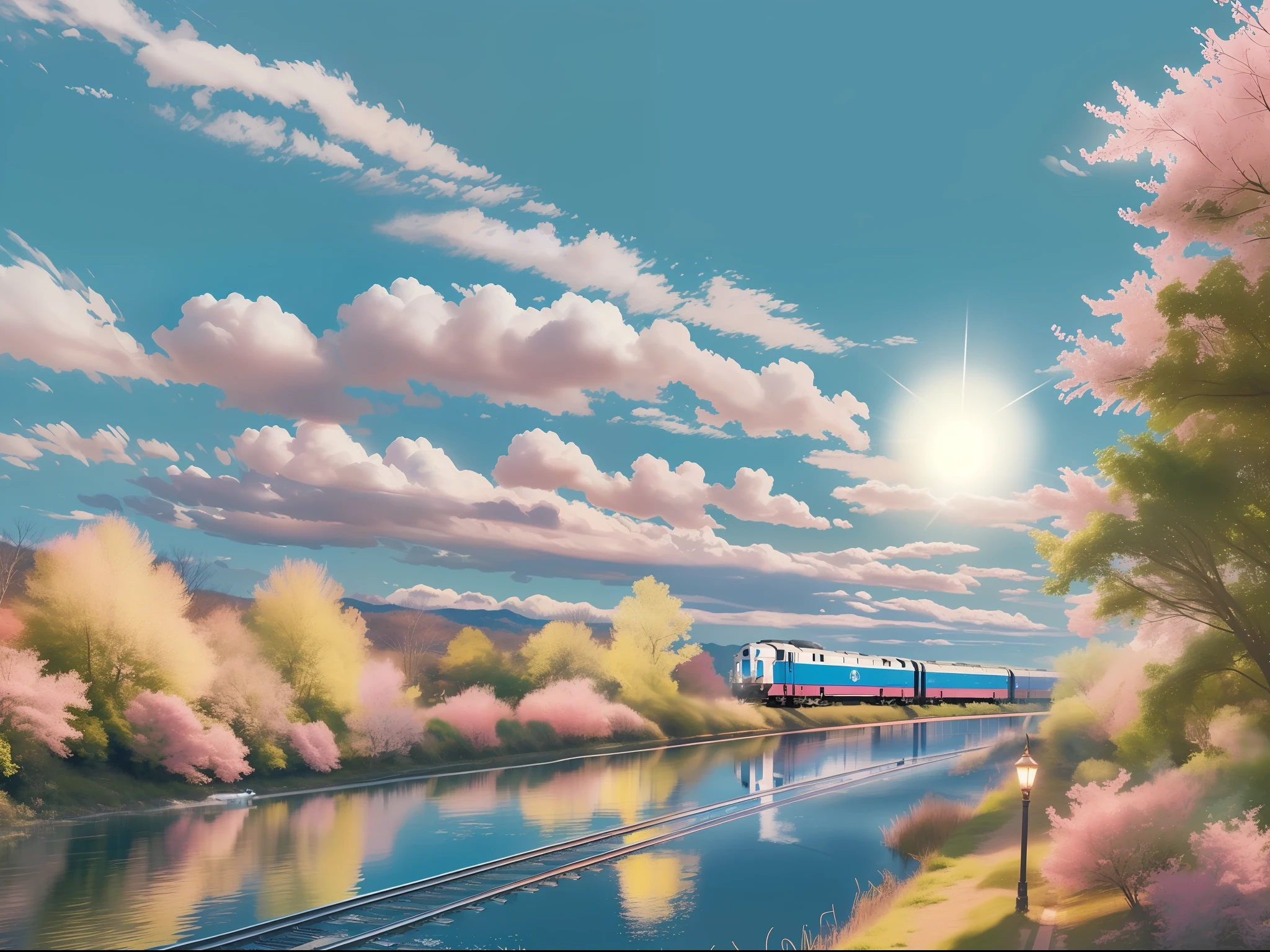Blue sky and white clouds, Golden headlight, a train run, passenger train, blue river, pink and green trees, sunshine, city.
