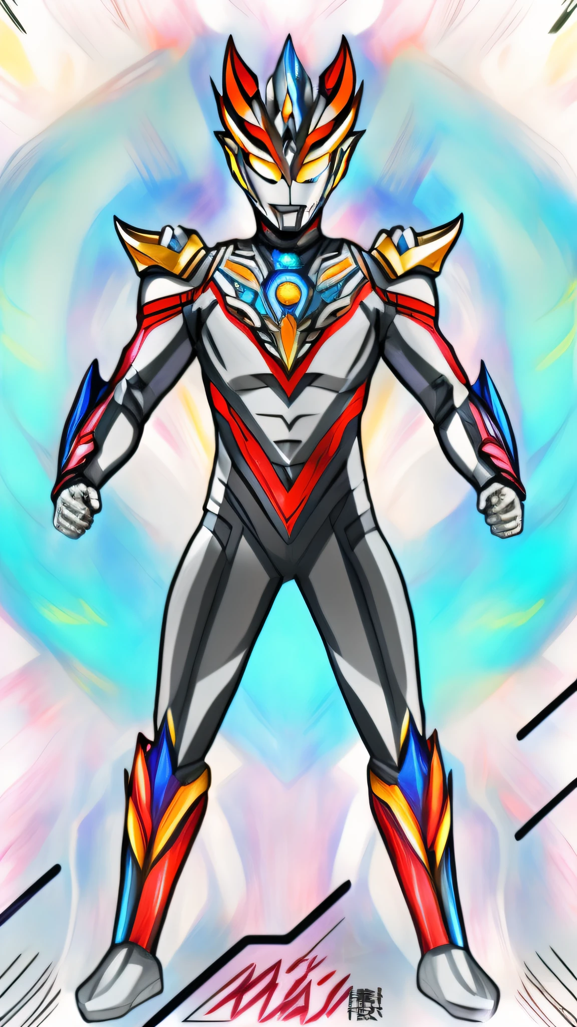 A drawing of a man in a red and blue suit, an epic anime of a energy man, ultra hyper-detailed, Ultraman, SSSS.gridman, ultra mega super hyper detail, tokusatsu suit vaporwave, wearing thunder armor, style of ssss.gridman (2018), cyber fight armor, full body mecha suit