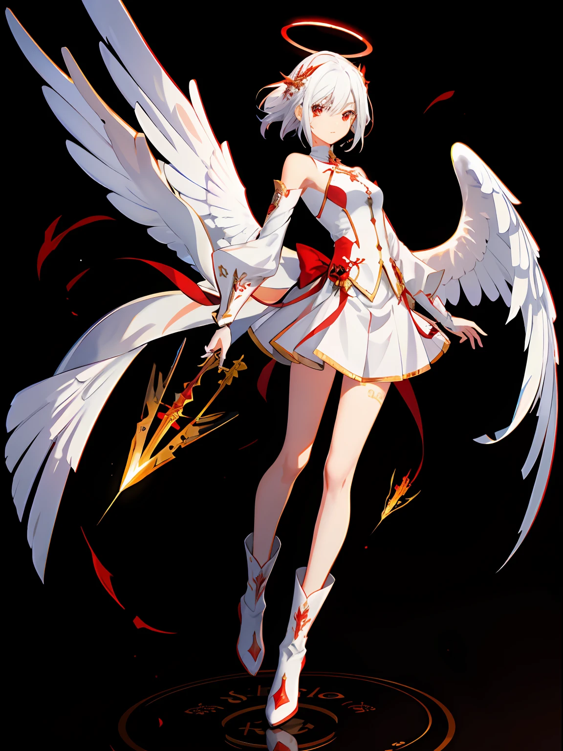 (masutepiece: 1.5), (Best quality: 1.5), 1womanl, Guardian Angel, White hair, Red eyes, Engulfed in red flames, Golden Angel Circle, The halo, Platinum armor, Wearing white metal boots, Cool expression, Beautiful wings, Flying in the sky, Fine details, 3D, 8K, Akira Torii, Game character, head to toe full body image, Correct posture, A detailed face, The detailed hand, Meticulous shoes,Planetary background,white stockings