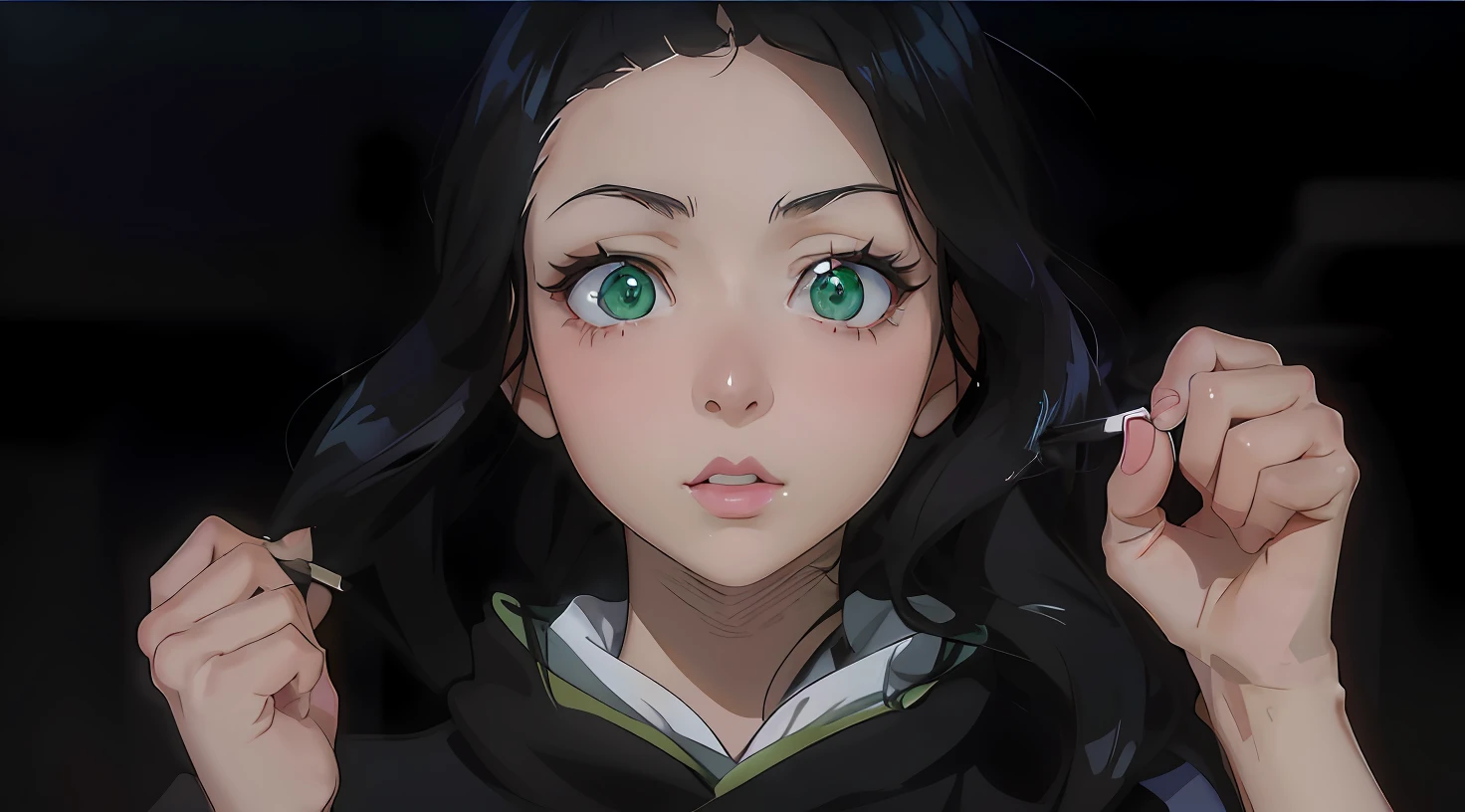 anime girl with green eyes and black hair holding a cigarette, anime visual of a young woman, kuvshinov ilya, realistic anime 3 d style, ilya kuvshinov with long hair, perfect anime face, ilya kuvshinov face, black hair and large eyes, close up of a young anime girl, black anime pupils in her eyes
