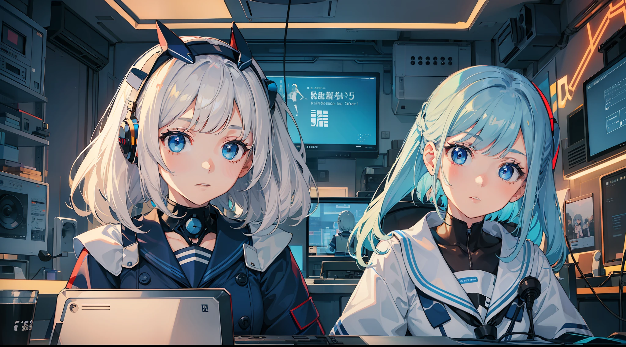 2girl, one is a short girl with blue eyes in a sailor suit with a blonde bob cut and the other is a short girl with blue eyes in a sailor suit with a silver hair cut and asymmetrical bangs, (sitting), blue cyber punk room, blue fluorescent light, room with lots of monitors and speakers