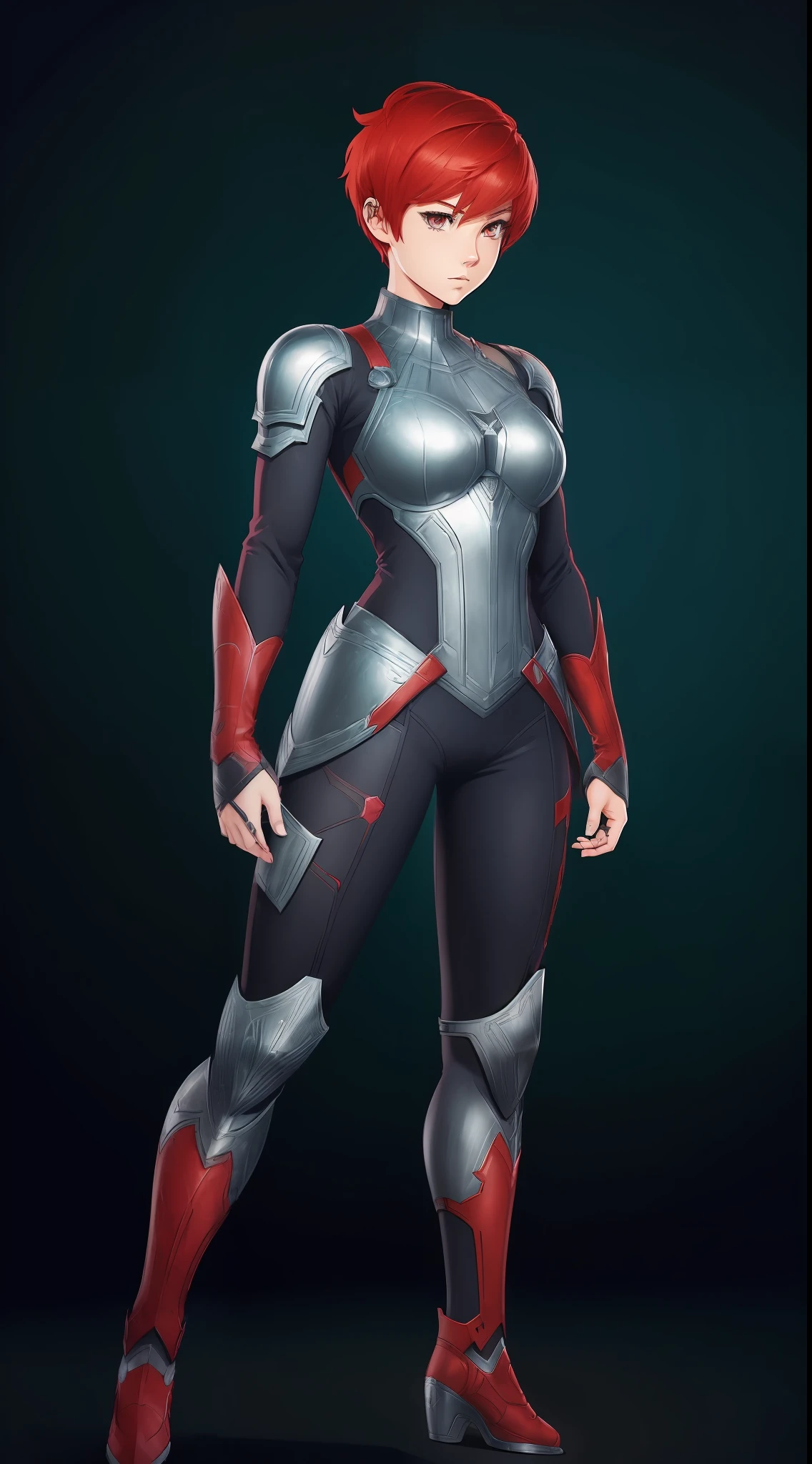 ((((Webtoon style)))), ((((Character description)))) girl in detailed futuristic steel armor, pixie short red hair, Russian, full body, casual pose], [Ultra mega hyper ripped muscles ]