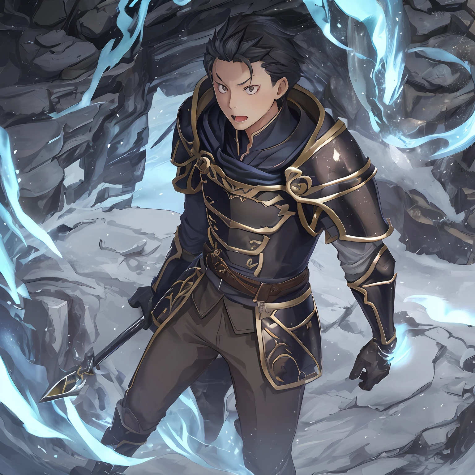 (1 Adult male),A high resolution, Sharp focus, Pixiv masterpiece, ((Complicated details)), highly detailed, natsuki_subaru, 1 man, with her mouth open,drools,full bodyesbian, Blue ㇏ eyes(eyes glowing), with short black hair,Armour,cloaks,Shoulder armor,perspire,look from down