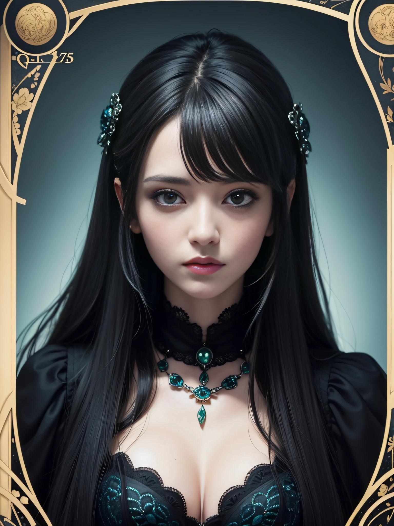 Circular border，A Tarot card with gorgeous border decoration，a tarot card with gorgeous crystal trim，a fashion illustration featuring black and green,in the style of anime aesthetic, epic portraiture, ominous vibe, 32k uhd, illustration  50 --ar 1:1 --q 5  --niji 5 --s 2