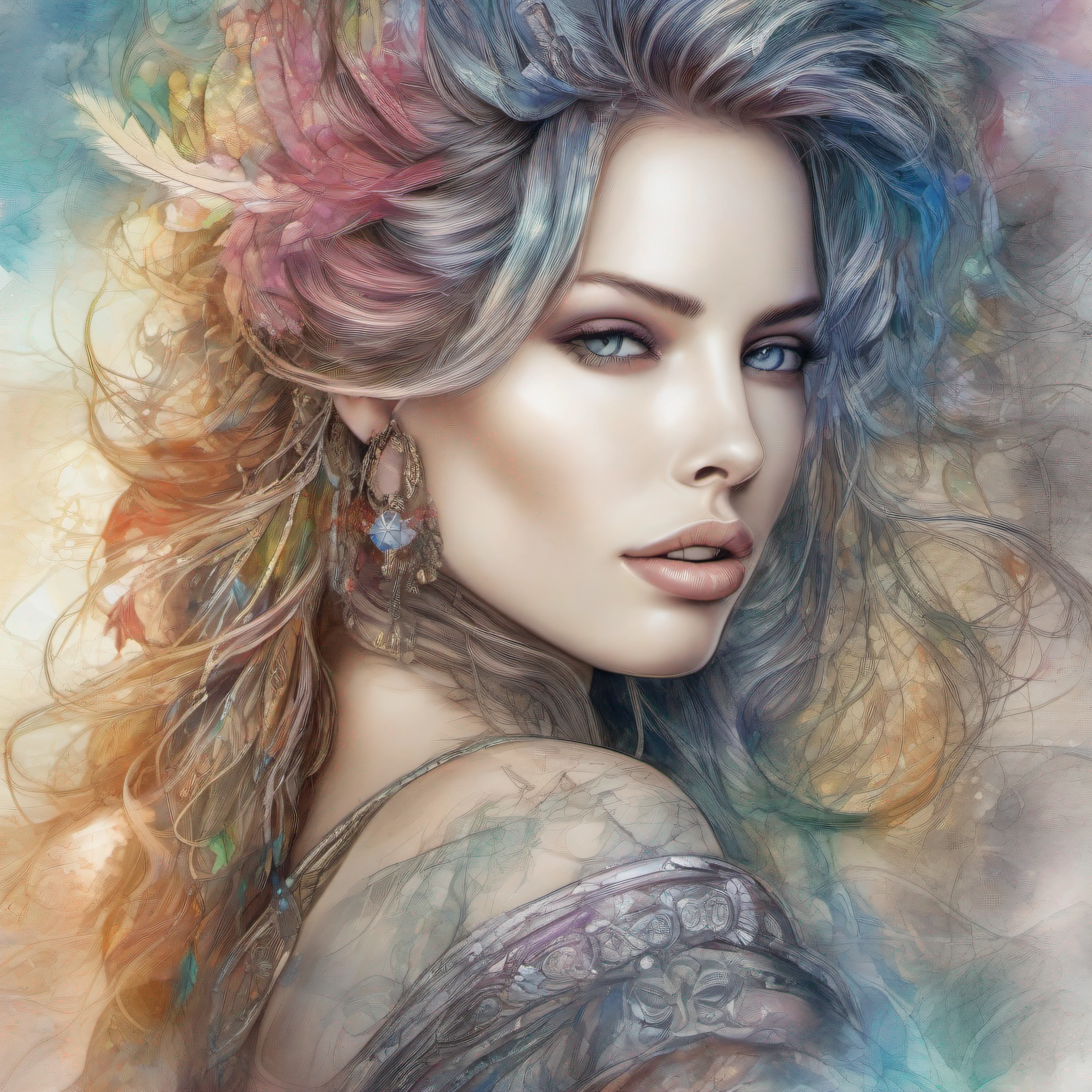 portrait, fine line art, watercolor wash, pale man, white skin, man, tattoos, thin face, oval shapes face, long face, jewelry, wild hair, rainbow hair, perfect eyes, Ultra high quality, masterpiece, 8k, ultra details, symmetry, digital painting, springm tones, 4k resolution, luis royo and alberto seveso style, perfect composition, detailed background, 60-30-10 color rule