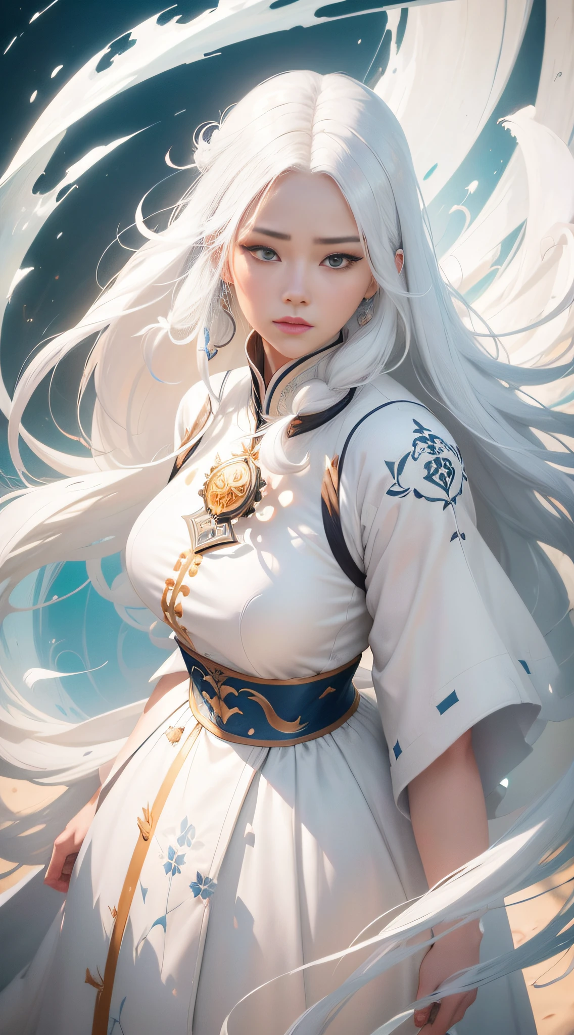 Close-up of a woman with white hair and a white mask,Belle peinture de personnage,Guviz,Guviz-style artwork,white-haired god,Yang J,Epic and beautiful character art,Stunning character art,FAN Qi,Wu Zhun Shifan,Guvitz at the Pixiv Art Station,dynamic action,dyna,((high-angle shot:1.2))