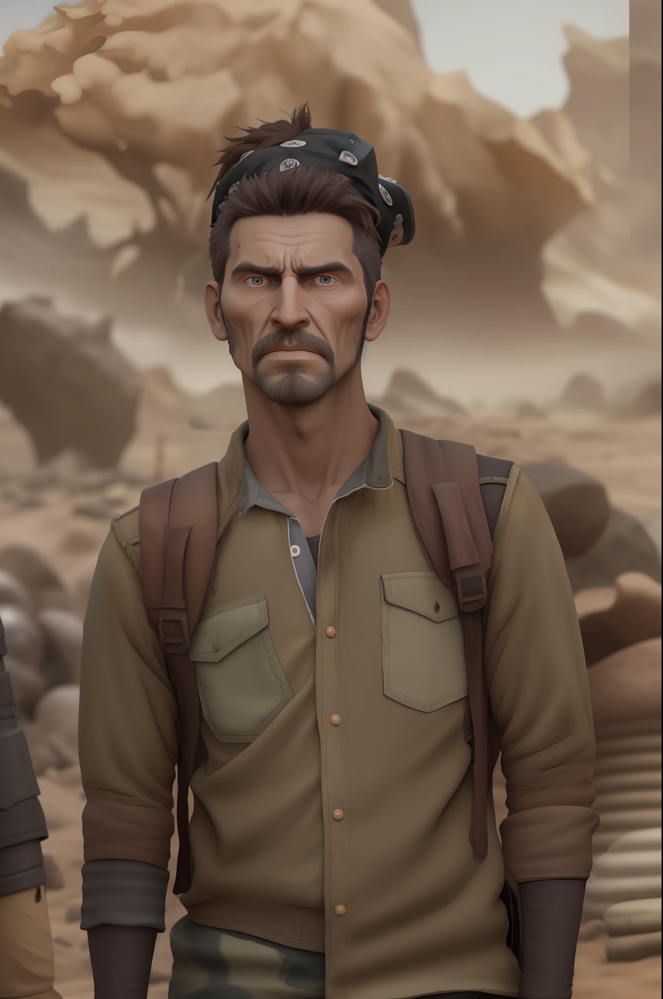A Wasteland Punk stands amidst a wasteland engulfed in swirling dust storms. The camera zooms in on the man, capturing the intensity in his eyes as he gazes into the distance. The details of his weathered clothing and improvised armor become clearer with each zoom, revealing a patchwork of materials stitched together. As the zoom reaches its peak, the focus shifts to his hands, which hold a salvaged weapon, showcasing the character's resourcefulness and survival skills. The prompt is realized in a 3D sculpture style, using a combination of modeling and texturing techniques to bring the character and environment to life.