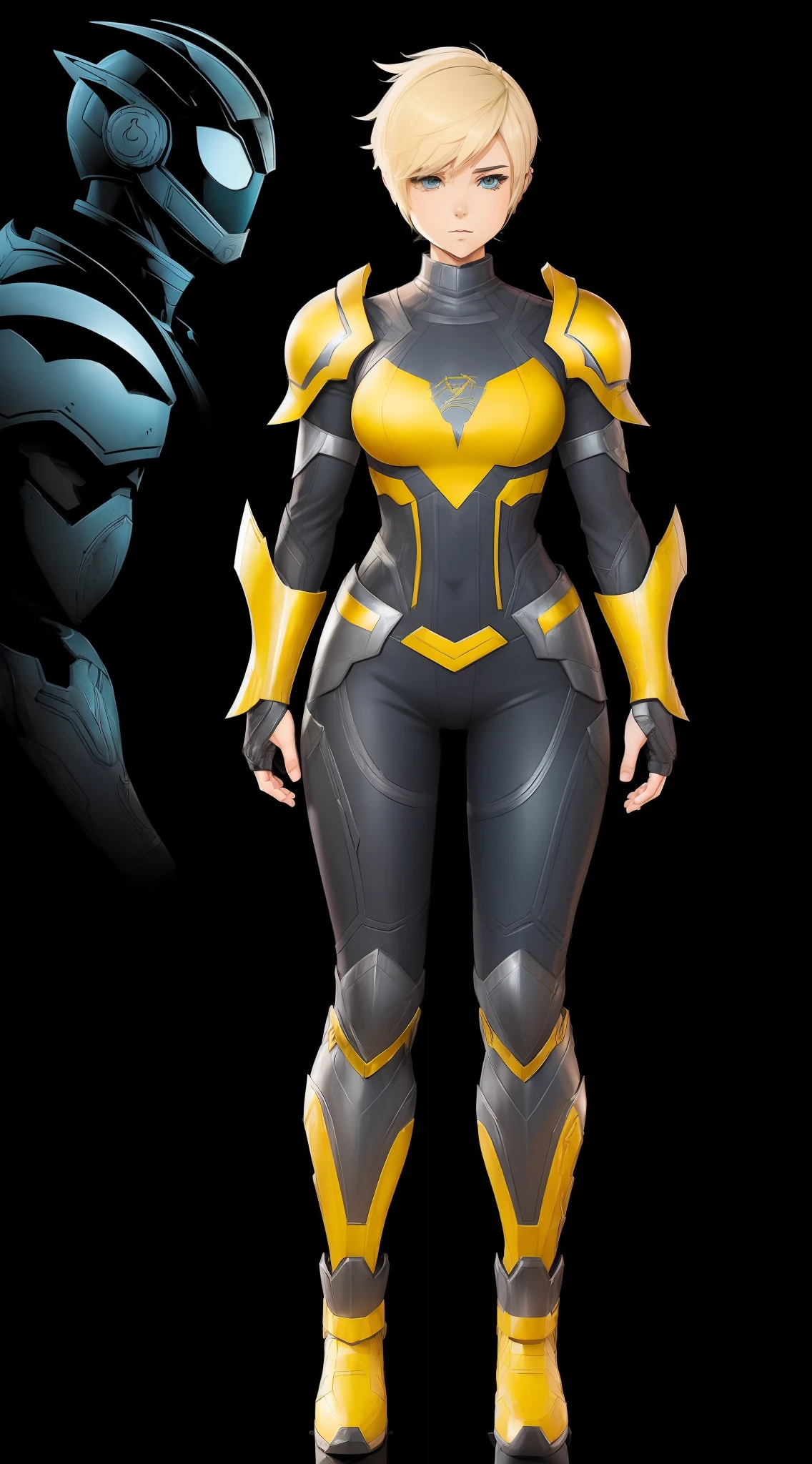 ((((Webtoon style)))), ((((Character description)))) girl in detailed futuristic steel armor, pixie short yelow hair, Russian, full body, casual pose], [Ultra mega hyper ripped muscles ]