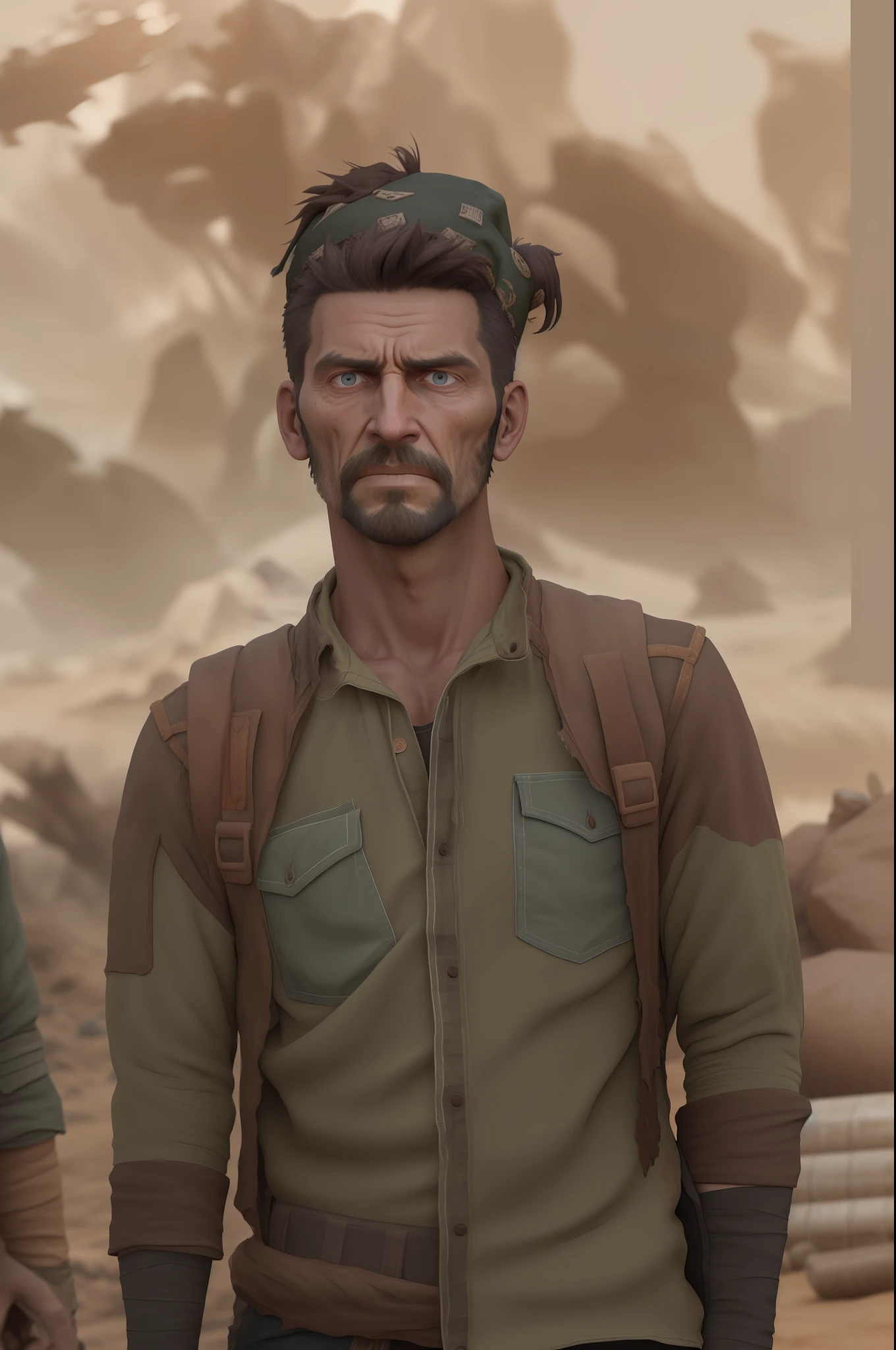 A Wasteland Punk stands amidst a wasteland engulfed in swirling dust storms. The camera zooms in on the man, capturing the intensity in his eyes as he gazes into the distance. The details of his weathered clothing and improvised armor become clearer with each zoom, revealing a patchwork of materials stitched together. As the zoom reaches its peak, the focus shifts to his hands, which hold a salvaged weapon, showcasing the character's resourcefulness and survival skills. The prompt is realized in a 3D sculpture style, using a combination of modeling and texturing techniques to bring the character and environment to life.