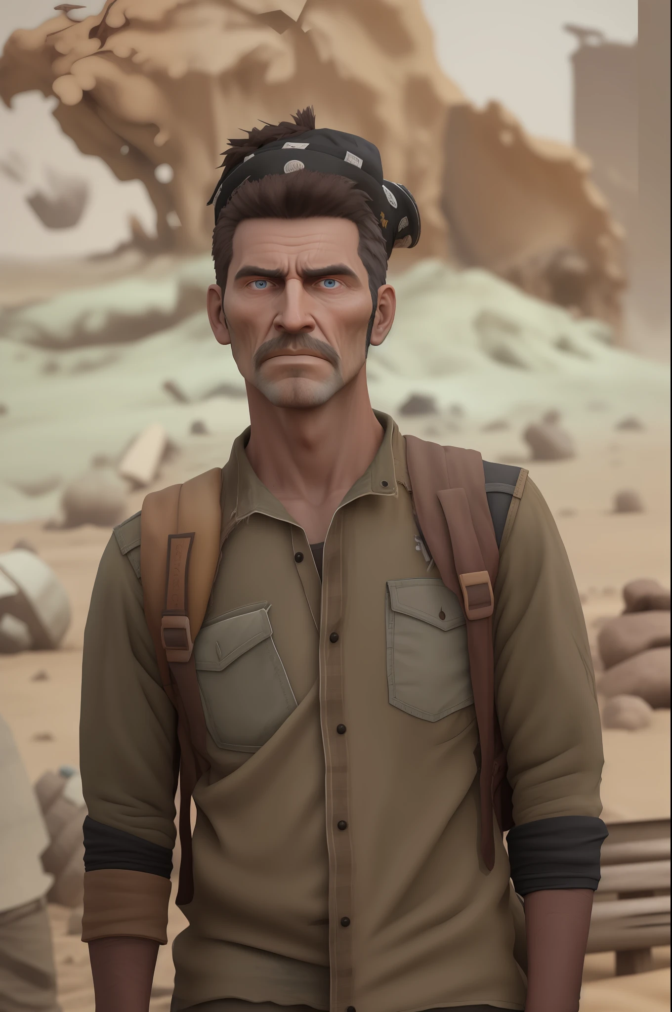A Wasteland Punk stands amidst a wasteland engulfed in swirling dust storms. The camera zooms in on the man, capturing the intensity in his eyes as he gazes into the distance. The details of his weathered clothing and improvised armor become clearer with each zoom, revealing a patchwork of materials stitched together. As the zoom reaches its peak, the focus shifts to his hands, which hold a salvaged weapon, showcasing the character's resourcefulness and survival skills. The prompt is realized in a 3D sculpture style, using a combination of modeling and texturing techniques to bring the character and environment to life.