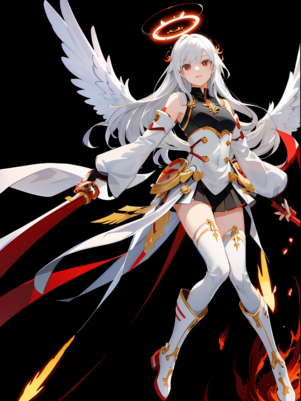 (masutepiece: 1.5), (Best quality: 1.5), 1womanl, Guardian Angel, White hair, Red eyes, Engulfed in red flames, Golden Angel Circle, The halo, Platinum armor, Wearing white metal boots, Cool expression, Beautiful wings, Flying in the sky, Fine details, 3D, 8K, Akira Torii, Game character, head to toe full body image, dynamicposes, A detailed face,Planetary background,white stockings