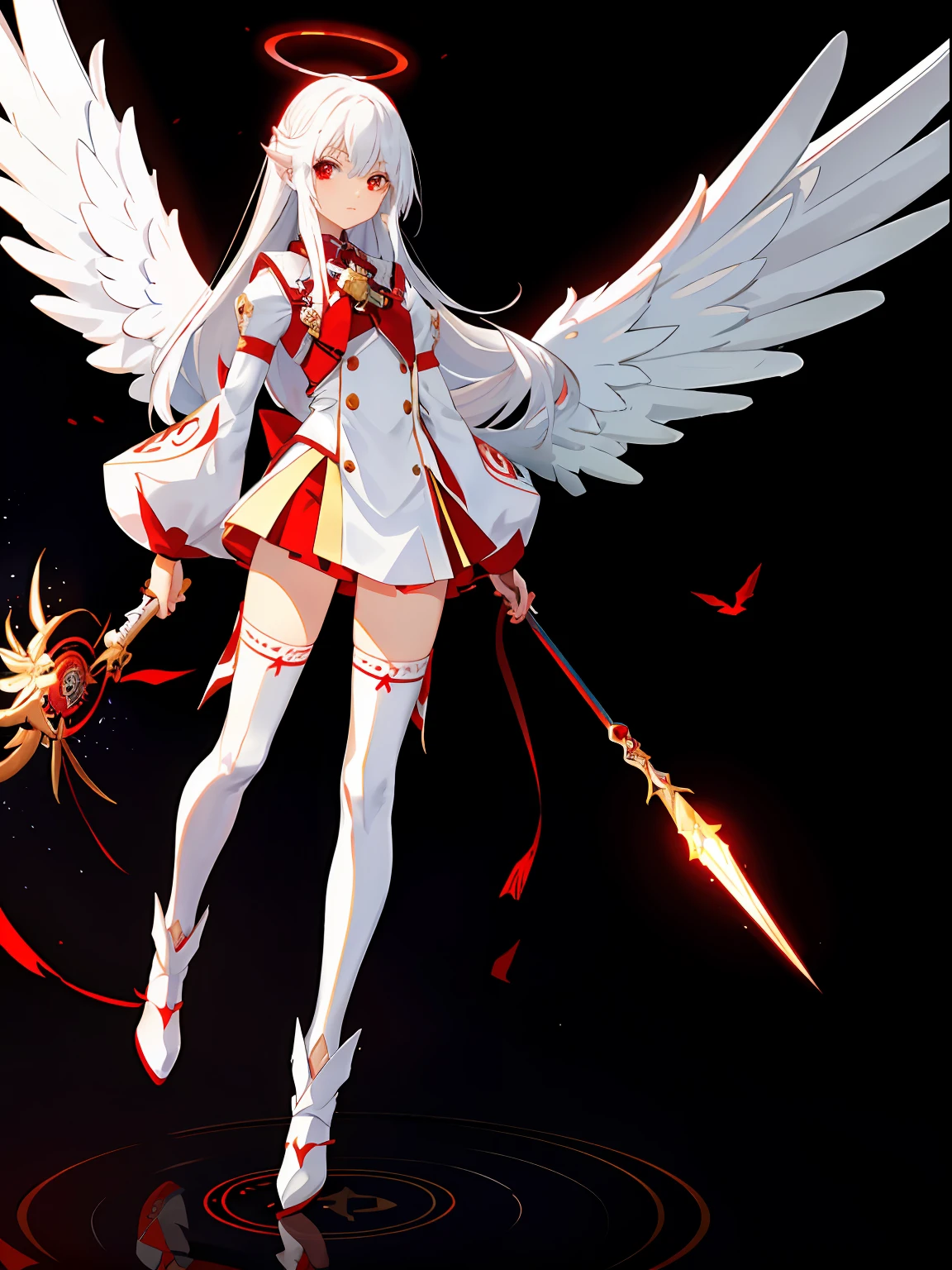 (masutepiece: 1.5), (Best quality: 1.5), 1womanl, Guardian Angel, White hair, Red eyes, Engulfed in red flames, Golden Angel Circle, The halo, Platinum armor, Wearing white metal boots, Cool expression, Beautiful wings, Flying in the sky, Fine details, 3D, 8K, Akira Torii, Game character, head to toe full body image, dynamicposes, A detailed face,Planetary background,white stockings