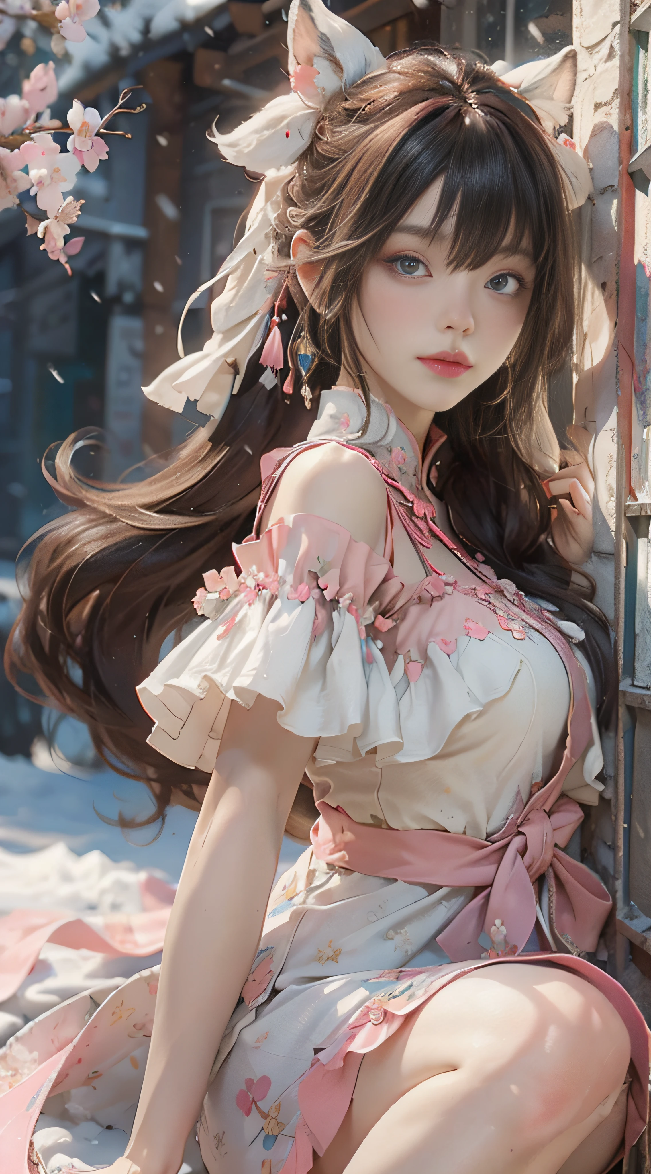 ((best qualtiy)), ((tmasterpiece)), (detail:1.4), Beautiful cyberpunk female images,hdr(HighDynamicRange),Ray traching,NVIDIA RTX,Hyper-Resolution,illusory 5,sub surface scattering,PBR textures,post-proces,Anisotropy Filtering,depth of fields,maximum definition and sharpness,Many-Layer Textures,Albedo e mapas Speculares,Surface coloring,Mitsu-Accurate simulation of material interactions,perfectly proportioned,rendering by octane,Two-colored light,largeaperture,Low ISO,White balance,Rule three points、8K raw data、Beautiful bright blue pupils,off-the-shoulder clothes,Fine pupils,Delicate face and eyes,long eyelasher,Blushlush,Delicate and fluffy hair,pink lip,Pure,Cute face,Sweet girl,Artistic sense,Casual wear,Advancedsense,butterflys,Cherry blossom petal,Beautiful hair accessories,Long hair and waist,Hair fluttering in the wind,Snow-white fox ears,curlies,Snow-white fluffy tail,Positive light,The light from the back window is backlighted