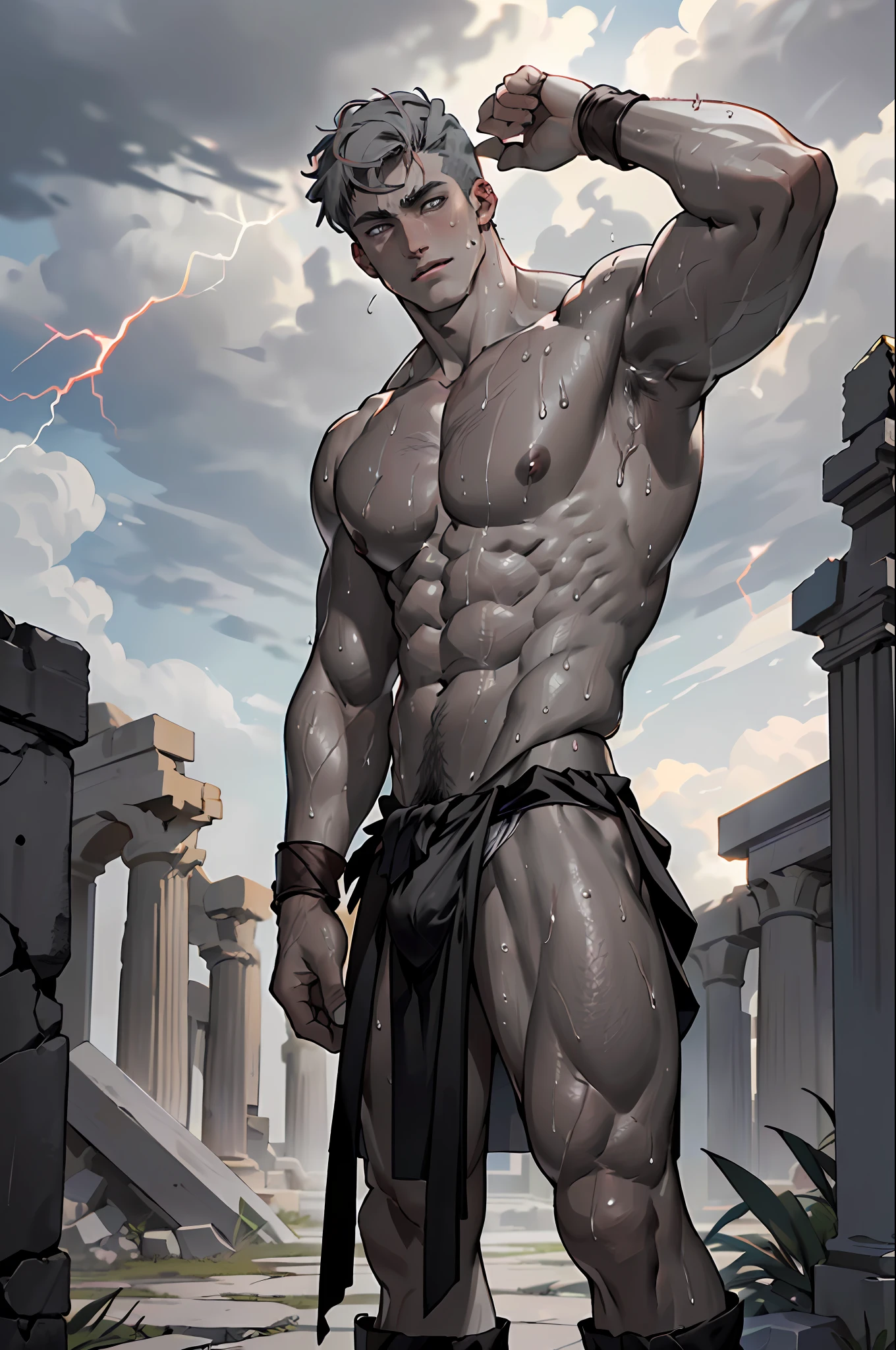 ((Top Quality, 8k, Masterpiece: 2), fit boy with gray skin, (david laid:1.5), (Male Focus), armpit, masculine shape, masculine, rough, raised , sexy, correct anatomy::, photorealistc, model, Full Body, almost naked, POV, top angle,correct anatomy, explicit content,bara, pubic hair, dripping, very short hair,(sweat:1.3), bodily fluids, precum, pain expression,hd, dark shadows, (black loincloth:1.5), handsome man with dark gray skin and a toga wrapped around his waist, white hair, short haircut, wavy hair, curly white hair, man with gray reptile scales on his skin, scaly skin texture, stormy background, black clouds in the background with red lightning, 8K, artgem, greek ruins in background, (gray skin:1.75)