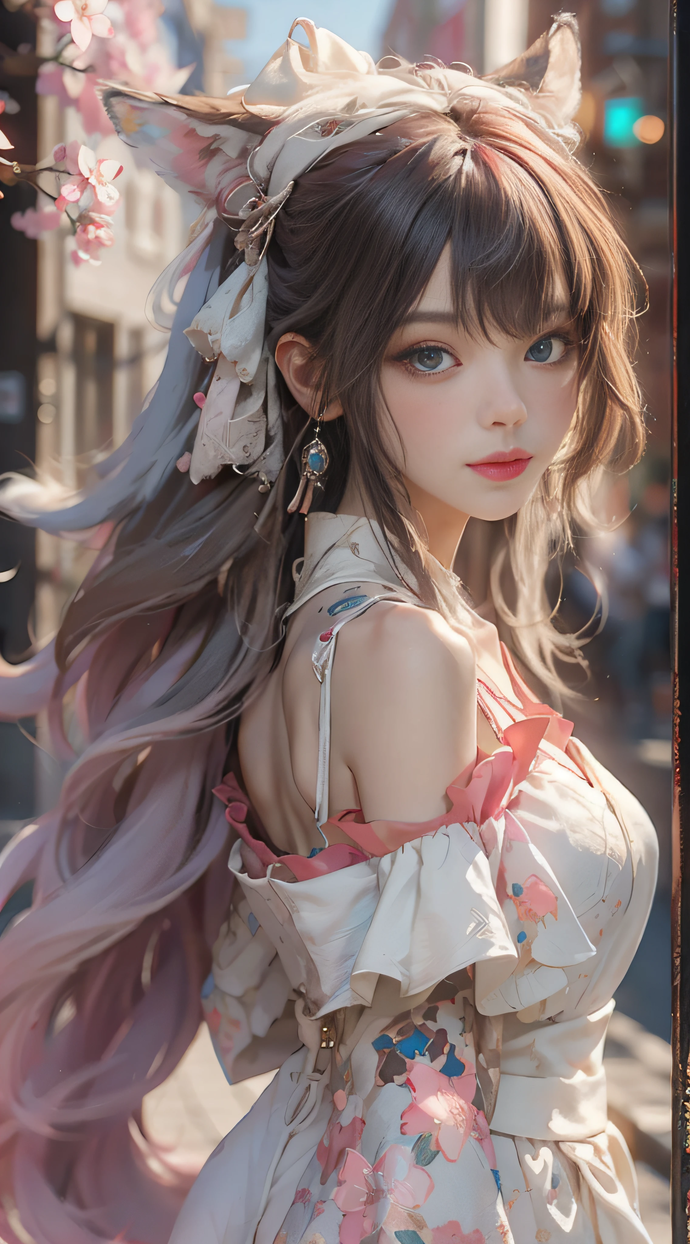 （（best qualtiy））， （（tmasterpiece））， （detail：1.4）， Beautiful cyberpunk female images，hdr（HighDynamicRange），Ray traching，NVIDIA RTX，Hyper-Resolution，illusory 5，sub surface scattering，PBR textures，post-proces，Anisotropy Filtering，depth of fields，maximum definition and sharpness，Many-Layer Textures，Albedo e mapas Speculares，Surface coloring，Mitsu-Accurate simulation of material interactions，perfectly proportioned，rendering by octane，Two-colored light，largeaperture，Low ISO，White balance，Rule three points、8K raw data、Beautiful bright blue pupils，off-the-shoulder clothes，Fine pupils，Delicate face and eyes，long eyelasher，Blushlush，Delicate and fluffy hair，pink lip，Pure，Cute face，Sweet girl，Artistic sense，Casual wear，Advancedsense，butterflys，Cherry blossom petal，Beautiful hair accessories，Long hair and waist，Hair fluttering in the wind，Snow-white fox ears，curlies，Snow-white fluffy tail，Positive light，The light from the back window is backlighted