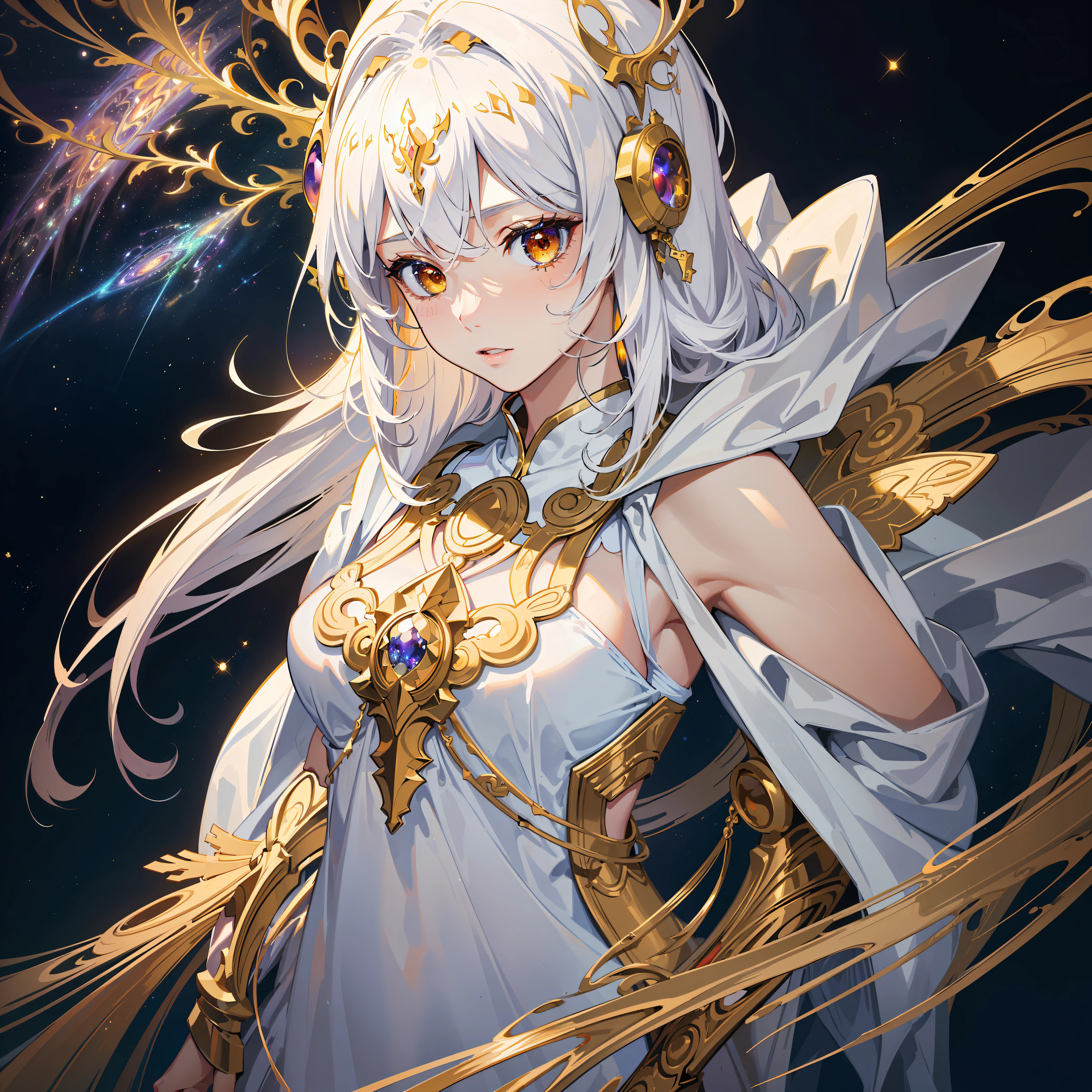 (masterpiece, top quality, best quality, official art, beautiful and aesthetic:1.2), (1girl), extreme detailed, (fractal art:1.3), colorful, highest detailed, perfect face, upper body, HDR, (praying:1.3), (white cloak golden lines:1.2), galaxy, (light streaks), striking visuals, (dynamic streaks, luminous trails:1.2), vibrant colors,