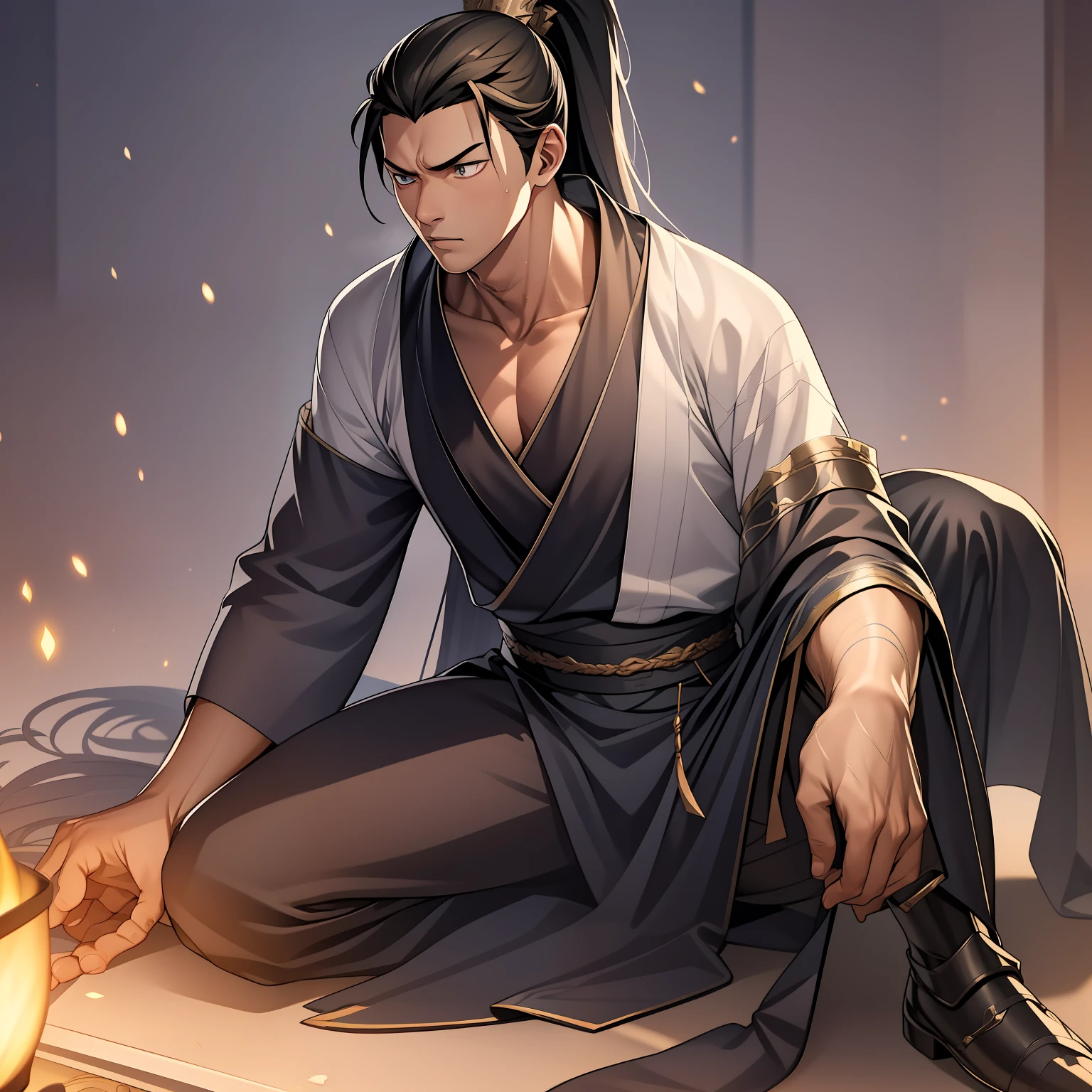 quadratic element，style of anime，mtu（Male Warrior），The proportions are correct，Face details，swordsmen，High ponytail hairstyle，Neck details，There is an Adam's apple，Black Hanfu，kaftan，Embroidered robes，Black robe，clothes details，Handing over，longer sleeves，Game quality，Swordsmanship，Light and shadow tracking，Ray traching，detailed glow，cg render，hair detail，cabelos preto e longos，Blue eyes，Handsome，Handsome，（juvenile sense），Clothing is complicated，Perfectcomposition，Refinement，high qulity，higher details，Lots of details，The background is complex，a sense of atmosphere，