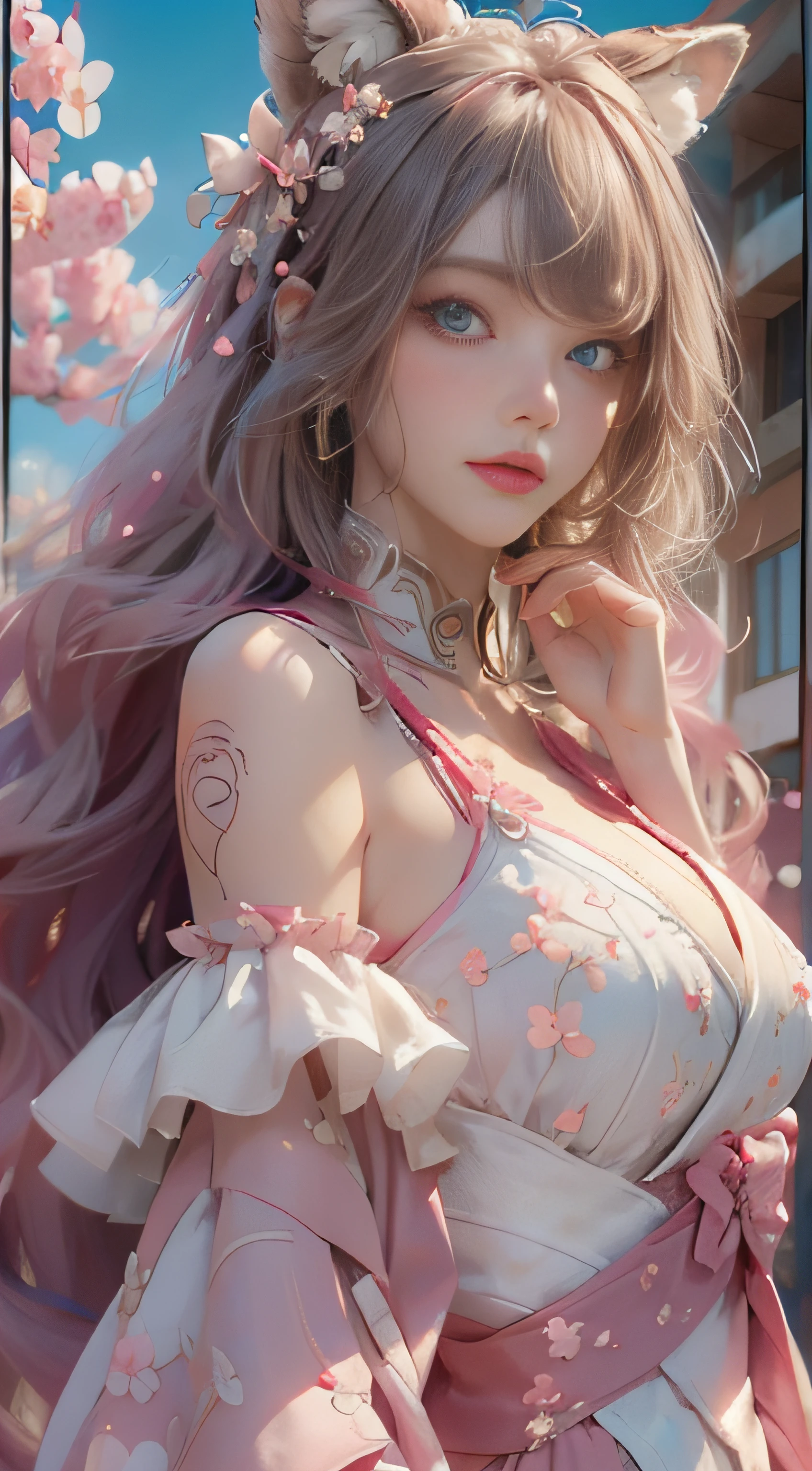((best qualtiy)), ((tmasterpiece)), (detail:1.4), Beautiful cyberpunk female images,hdr(HighDynamicRange),Ray traching,NVIDIA RTX,Hyper-Resolution,illusory 5,sub surface scattering,PBR textures,post-proces,Anisotropy Filtering,depth of fields,maximum definition and sharpness,Many-Layer Textures,Albedo e mapas Speculares,Surface coloring,Mitsu-Accurate simulation of material interactions,perfectly proportioned,rendering by octane,Two-colored light,largeaperture,Low ISO,White balance,Rule three points、8K raw data、Beautiful bright blue pupils,off-the-shoulder clothes,Fine pupils,Delicate face and eyes,long eyelasher,Blushlush,Delicate and fluffy hair,pink lip,Pure,Cute face,Sweet girl,Artistic sense,Casual wear,Advancedsense,butterflys,Cherry blossom petal,Beautiful hair accessories,Long hair and waist,Hair fluttering in the wind,Snow-white fox ears,curlies,Lots of white and pink,Complicated details