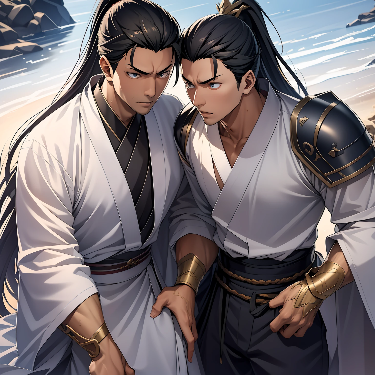 quadratic element,style of anime,mtu(Male Warrior),The proportions are correct,Face details,swordsmen,High ponytail hairstyle,Neck details,There is an Adam's apple,Black Hanfu,kaftan,Embroidered robes,Black robe,clothes details,Handing over,longer sleeves,Game quality,Swordsmanship,Light and shadow tracking,Ray traching,detailed glow,cg render,hair detail,cabelos preto e longos,Blue eyes,Handsome,Handsome,(juvenile sense),Clothing is complicated,Perfectcomposition,Refinement,high qulity,higher details,Lots of details,The background is complex,a sense of atmosphere,