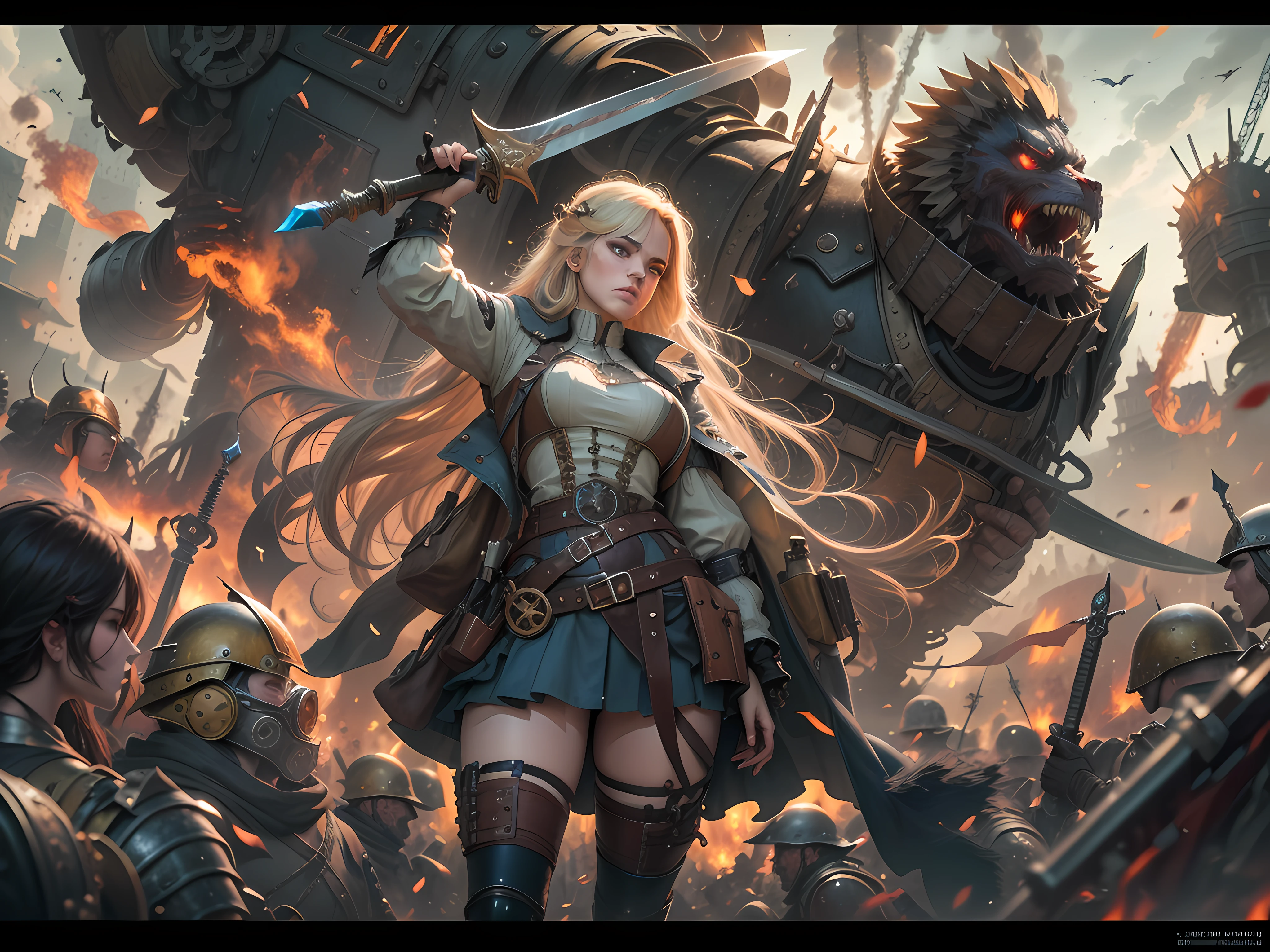 a European girls, solo, Blonde, tanned skin, cold-looking blue eyes, thin face, ripped body, wearing steampunk leather armor, leather legging, highnoon boots, carry a sword by waist and 2 pistol behind waist, masterpiece, best quality, Joan of Arc leading her army into battle, heroic, bright, moody, intense, steampunk knight, realistic shadows, high quality, ultra detailed in 4k, 8k, high resolution, sharp focus, depth of field, faded, (neutral colors:1.2), (hdr:1.4), (muted colors:1.2), hyperdetailed, (artstation:1.4), mechanism gears, industry technology, automaton, electric sparks cinematic atmosphere. (rutkowski:0.66), (teal and orange:0.4)", steampunk battle city background, monster in a battlefield of blood and fire. As he fought, the bodies of his enemies piled up around her, but he remained untouched, his figure growing larger and more majestic with each passing moment. Finally, after defeating the entire army alone, the general stood victorious, his sword still raised high. His bravery and triumph filled the battlefield with a sense of solemn grandeur. hdr, (photorealism, masterpiece quality, best quality). masterpiece, best quality, Joan of Arc leading her army into battle, heroic, bright, moody, intense. etermined expression, technomancer dark couds, floating lights, colorful leather vest with gears, techwear, steampunk in the background, machines, gears, steam, industry, technology, oven, dirt, anvil, buttons, levers, automaton, electricity, electric sparks epic atmosphere.
