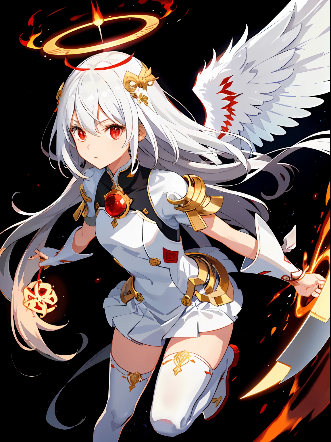 (masutepiece: 1.5), (Best quality: 1.5), 1womanl, Guardian Angel, White hair, Red eyes, Engulfed in red flames, Golden Angel Circle, The halo, Platinum armor, Wearing white metal boots, Cool expression, Beautiful wings, Flying in the sky, Fine details, 3D, 8K, Akira Torii, Game character, head to toe full body image, dynamicposes, A detailed face,Planetary flame background,white stockings
