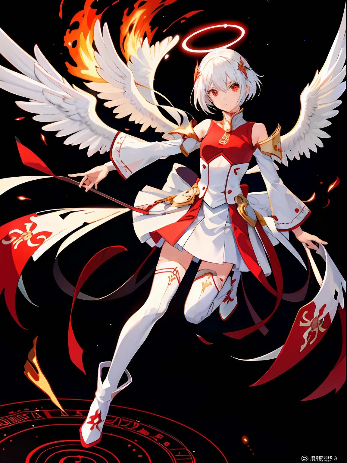 (masutepiece: 1.5), (Best quality: 1.5), 1womanl, Guardian Angel, White hair, Red eyes, Engulfed in red flames, Golden Angel Circle, The halo, Platinum armor, Wearing white metal boots, Cool expression, Beautiful wings, Flying in the sky, Fine details, 3D, 8K, Akira Torii, Game character, head to toe full body image, dynamicposes, A detailed face,Planetary flame background，white stockings