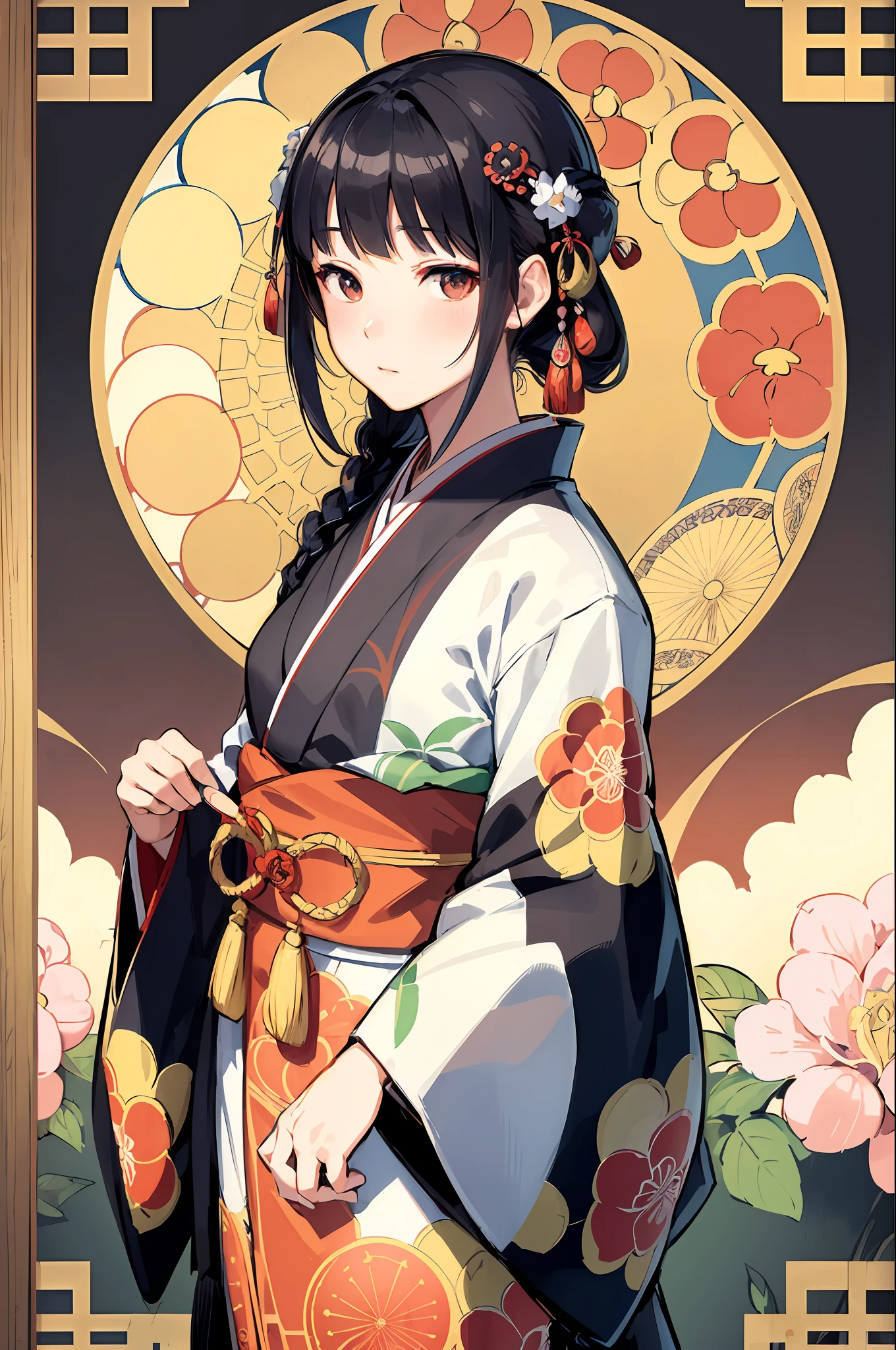 Portrait of Japan woman face in kimono、Hairstyle is Japan hair、Black hair、Japanese pattern frame、Decorative panel、abstract  art、By Alphonse Mucha (​masterpiece、top-quality、hight resolution: 1.4)、detaileds、intricate-detail、4K、color splashes、line-drawing、Fibonacci、