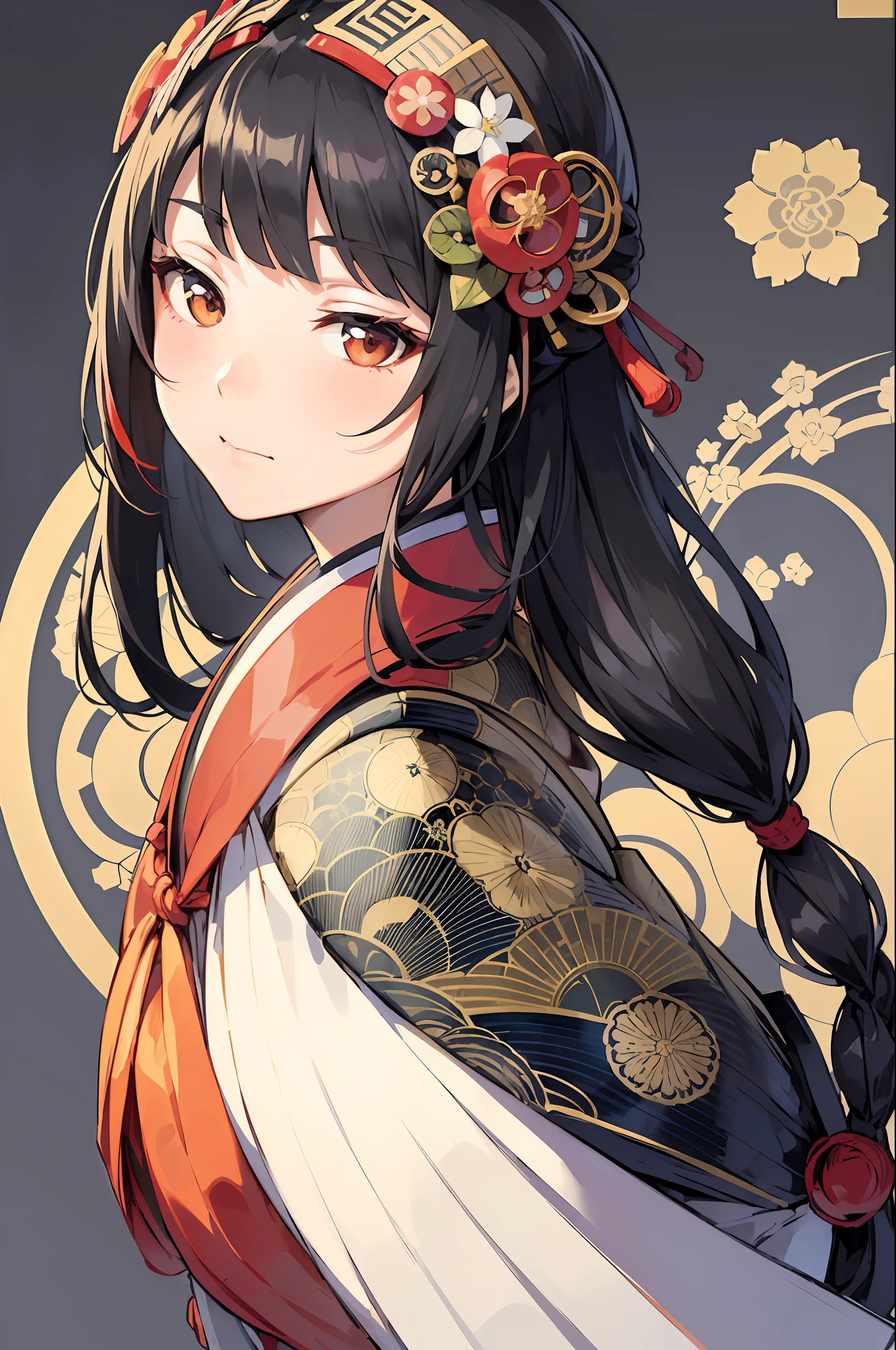 Portrait of Japan woman face in kimono、Hairstyle is Japan hair、Black hair、Japanese pattern frame、Decorative panel、abstract art、By Alphonse Mucha (masterpiece、top-quality、hight resolution: 1.4)、detaileds、intricate-detail、4K、color splashes、line-drawing、Fibonacci、