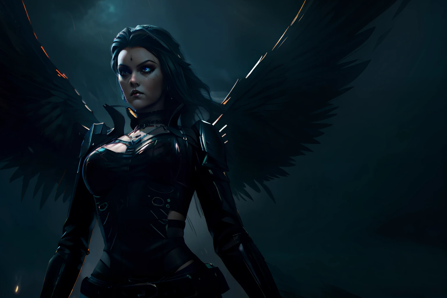 Fallen dark gothic angel. A dark storm behind her. NFT with a highly detailed, stylized rendering and a unique composition.