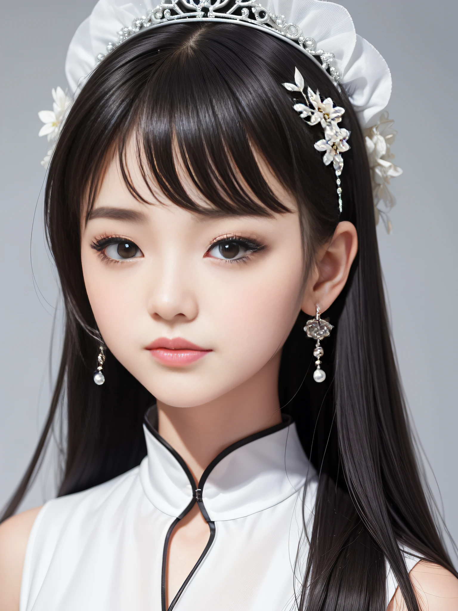 A pretty girl,Little princess,Highest image quality,Beautiful graphics,largeeyes,long eyelasher,Black ball head,White cheongsam,Black earrings,White garland,Perfect facial features,Clear face,Delicate lips,ssmile,Clean and beautiful background,Gentle light,simplification,The character is centered,Close-up of the head。 --AR 1:1 --q 5 --niji 5