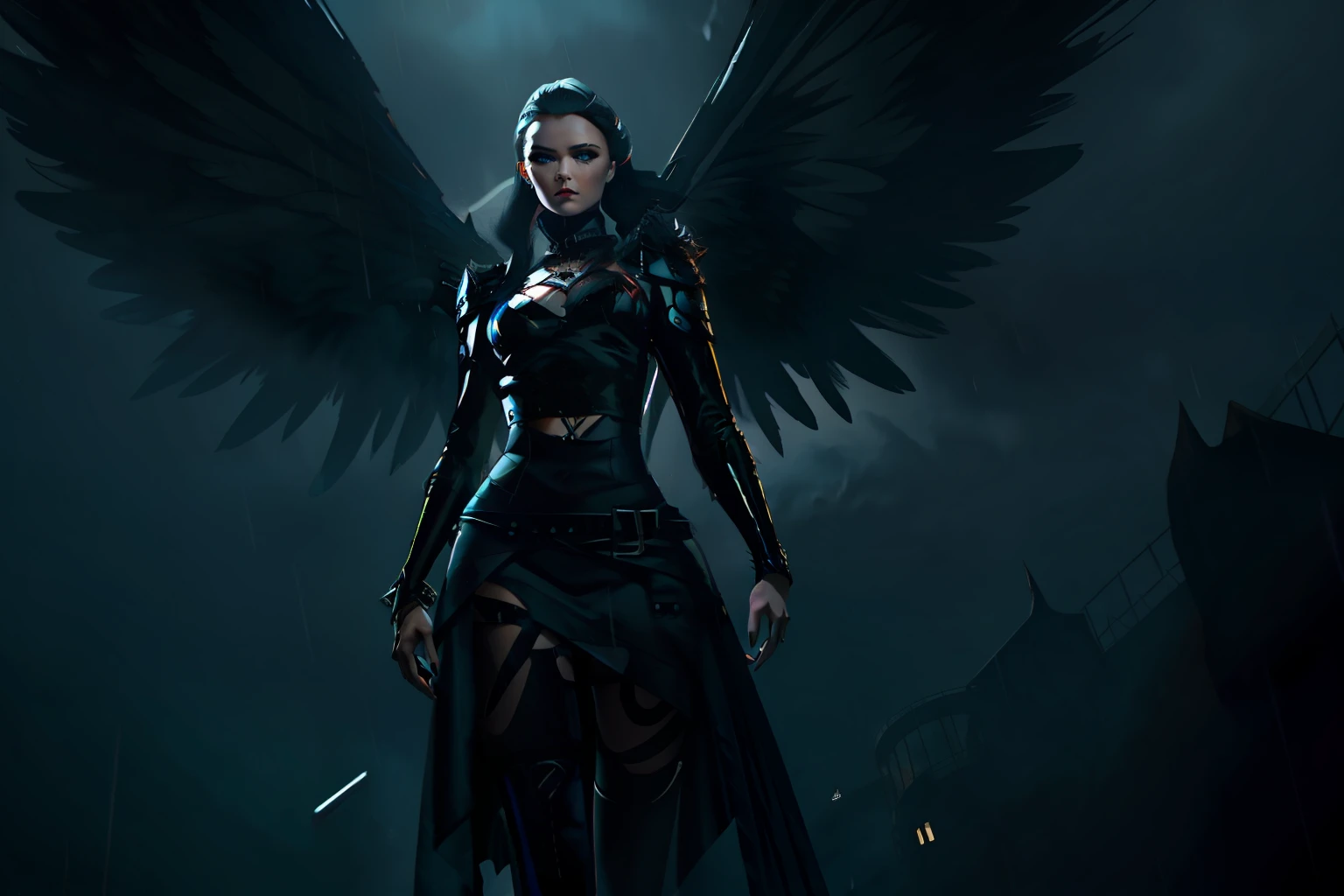 Fallen dark gothic angel. A dark storm behind her. NFT with a highly detailed, stylized rendering and a unique composition.