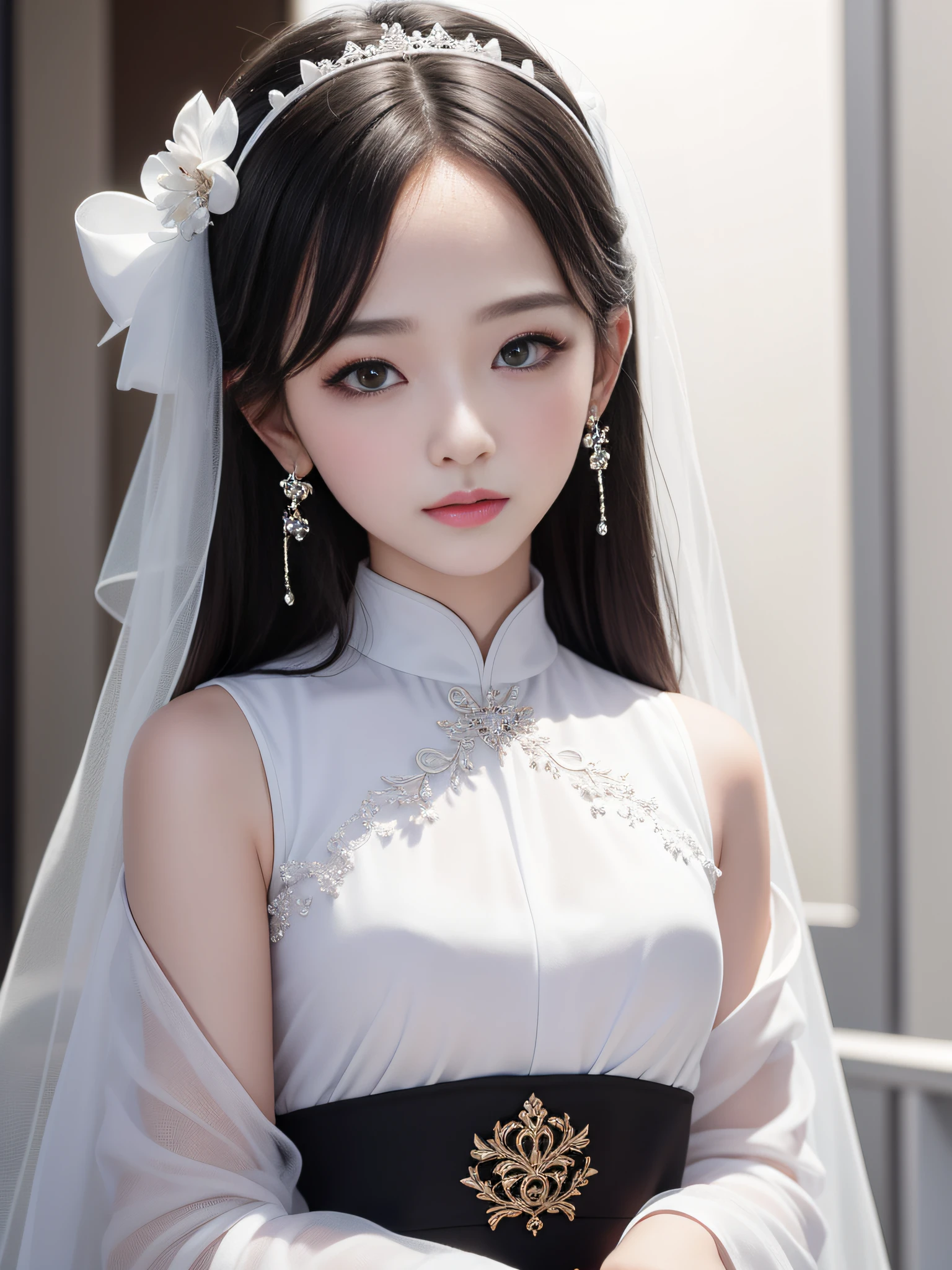 A pretty girl， princess，Highest image quality，Beautiful graphics，largeeyes，long eyelasher，Black ball head，White cheongsam，Black earrings，White garland，Perfect facial features，Clear face，Delicate lips，ssmile，Clean and beautiful background，Gentle light，simplification，The character is centered，Close-up of the head。 --AR 1:1 --q 5 --niji 5