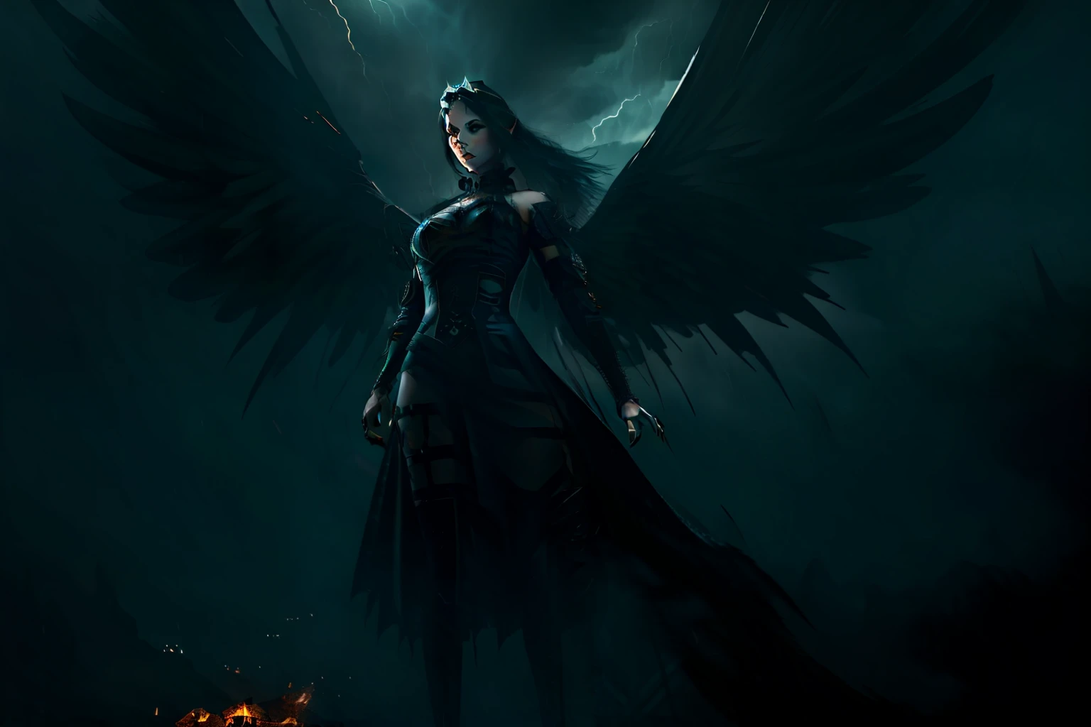 ((Fallen dark gothic angel)) | ((A dark storm behind her)) | ((NFT with highly detailed stylized rendering)) | ((unique composition))