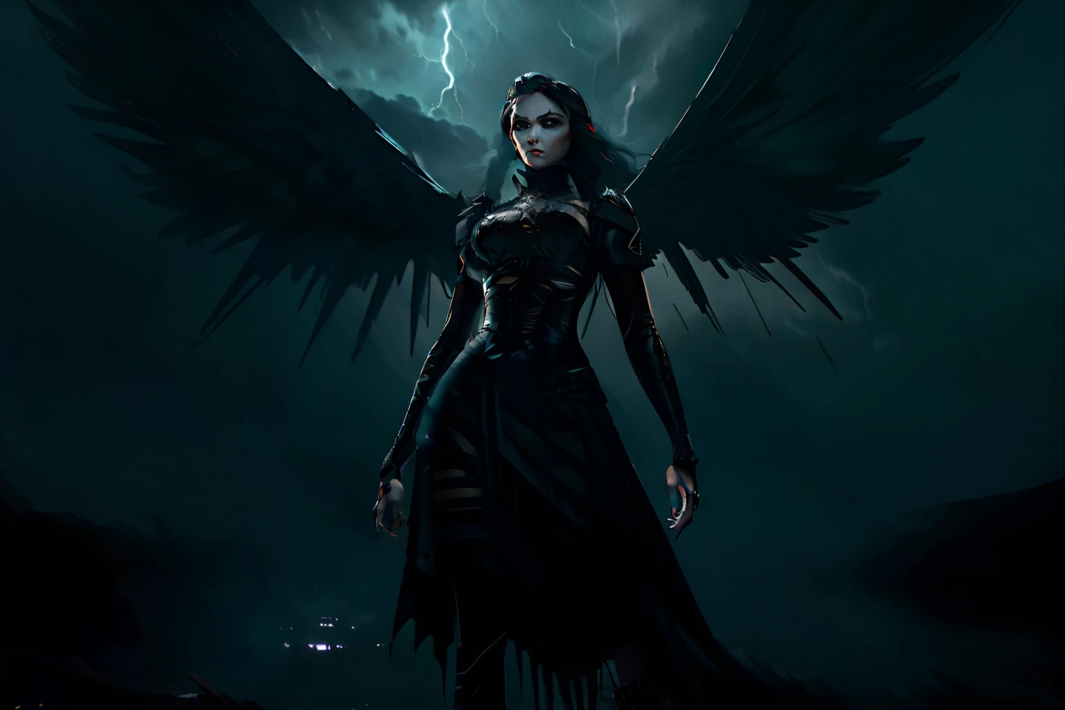 ((Fallen dark gothic angel)) | ((A dark storm behind her)) | ((NFT with highly detailed stylized rendering)) | ((unique composition))