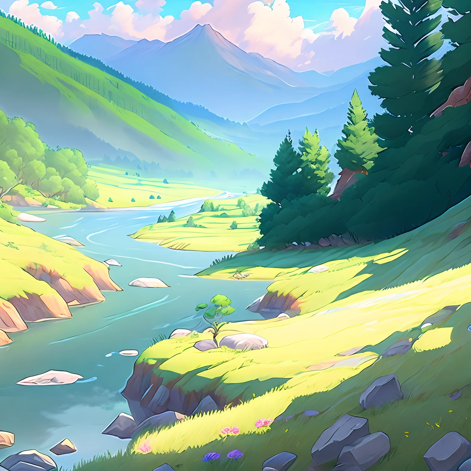 anime rendition of Peaceful river valley, serene scenery, epic landscape (RiverValley style:1) <lora:djzRiverValley:0.8)